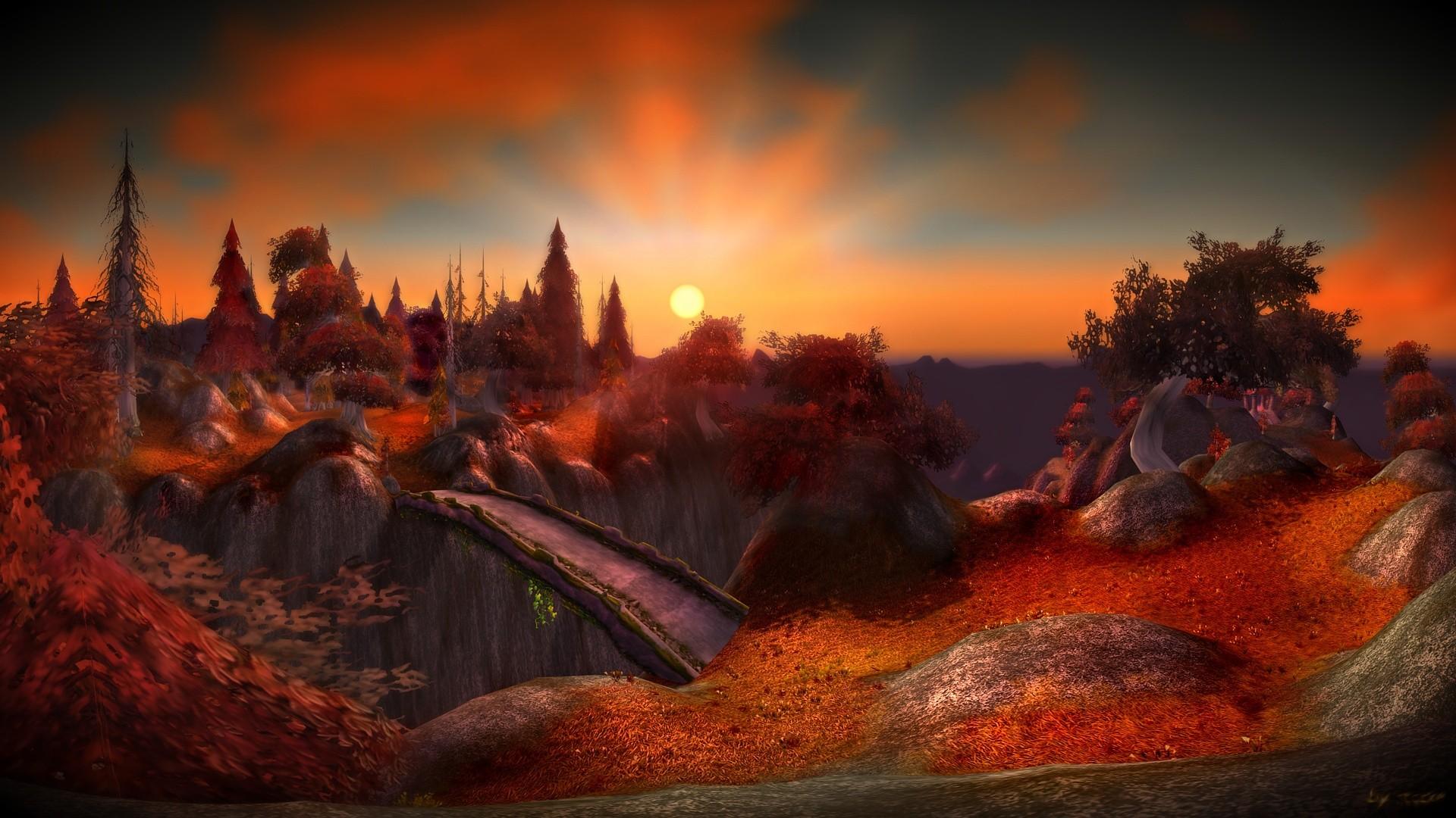 sunset, autumn, World of Warcraft, bridges, fantasy art