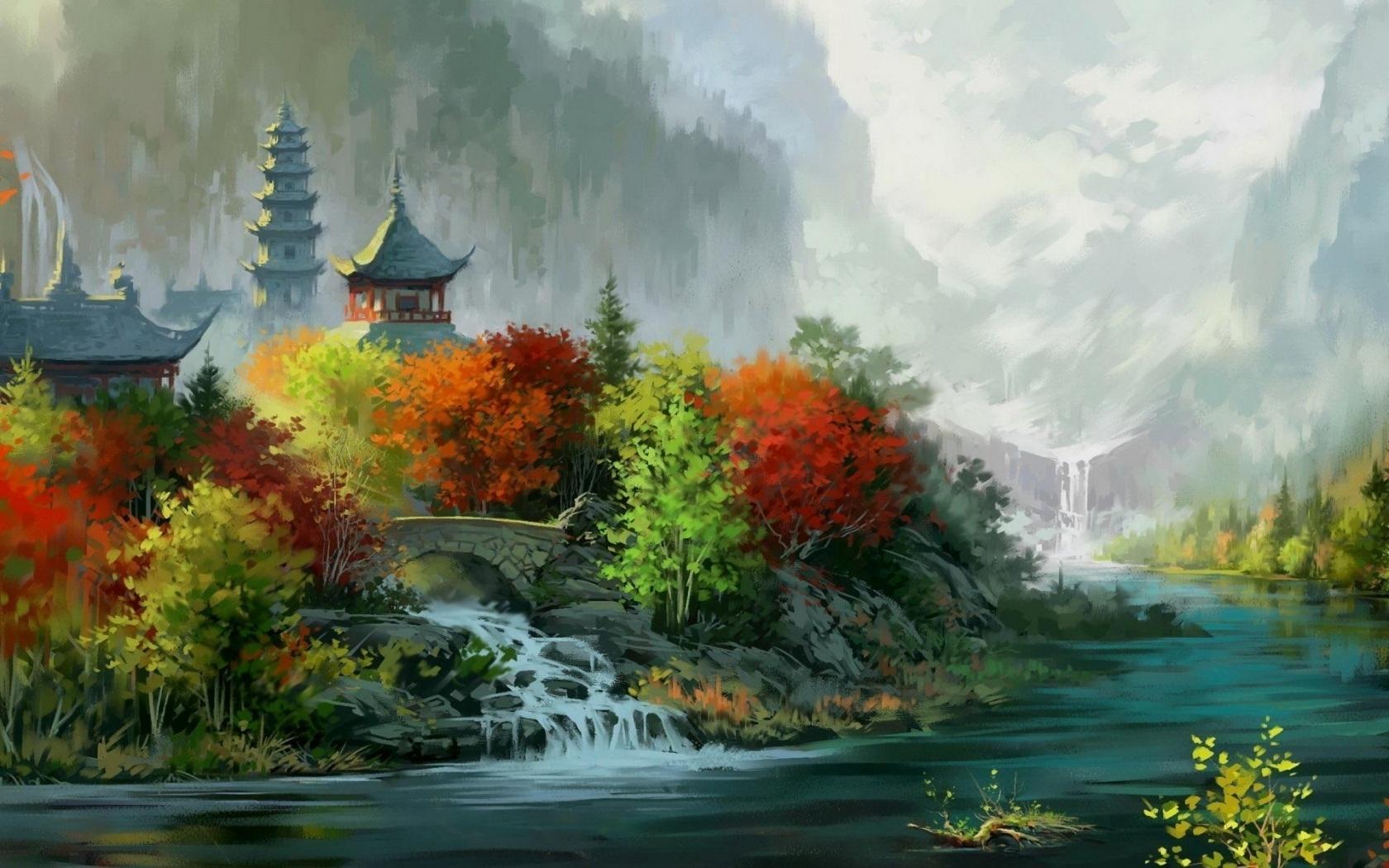 Download 1680x1050 Asian Temple, Waterfall, Artwork, Stream