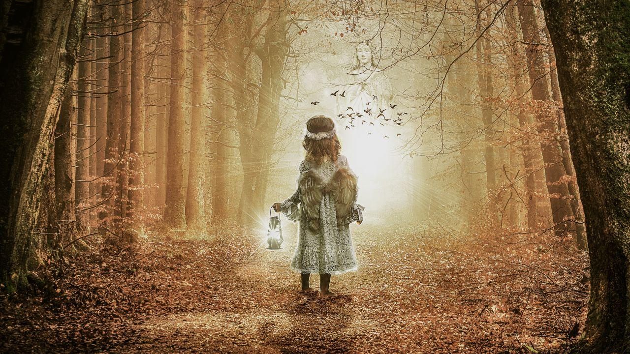 Wallpaper Girl, Child, Alone, Autumn, Leaves, Angel wings
