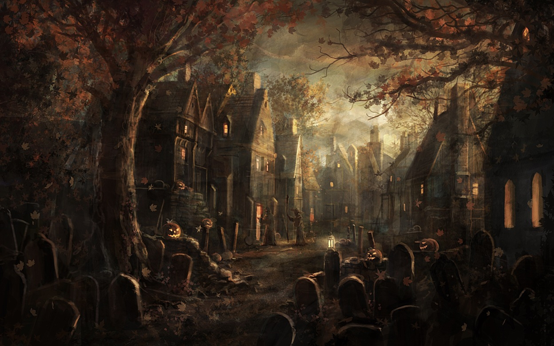 autumn, Halloween, houses, tombstones, nighttime, cemetery