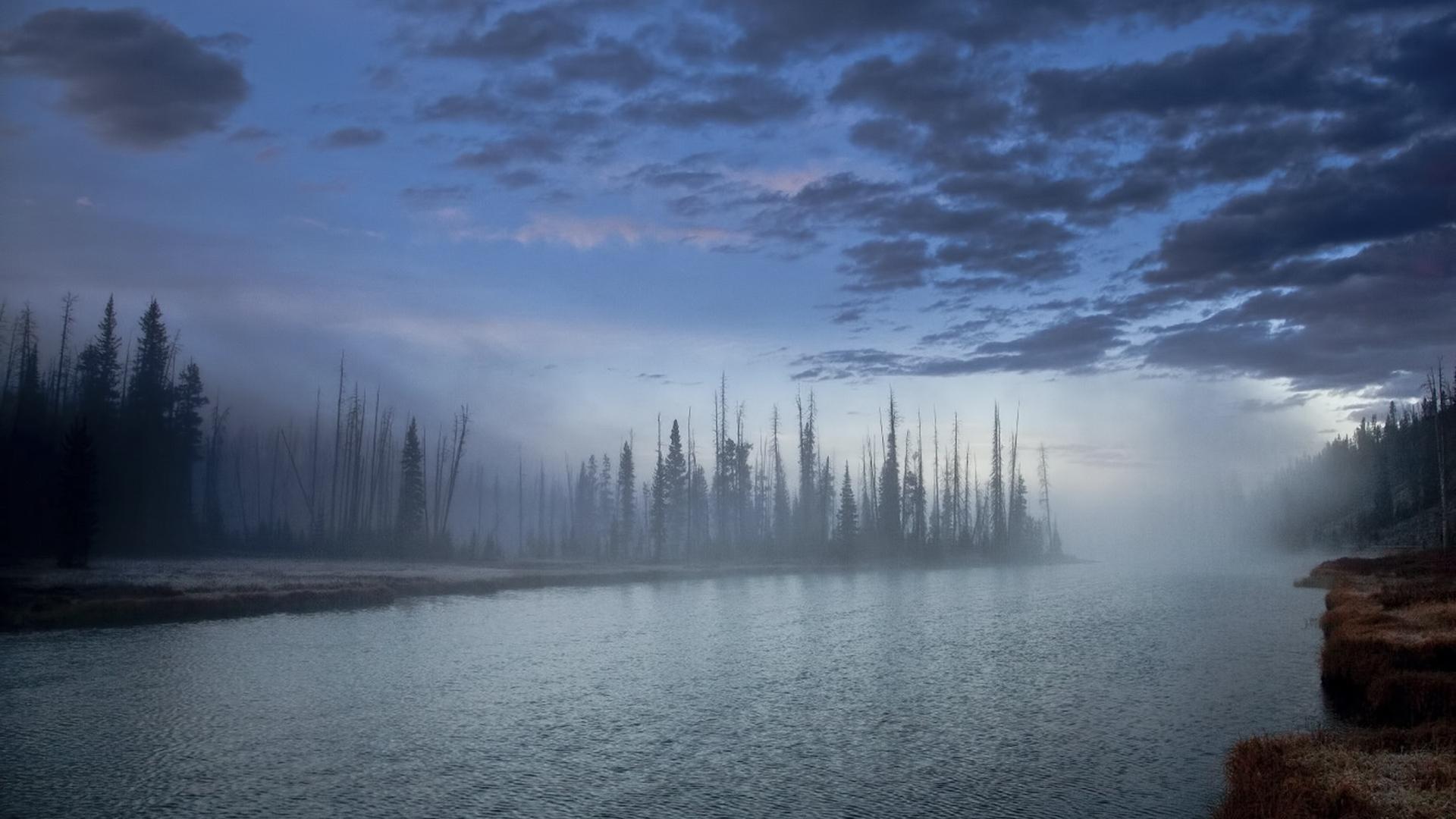Download 1920x1080 HD Wallpaper fog river forest autumn