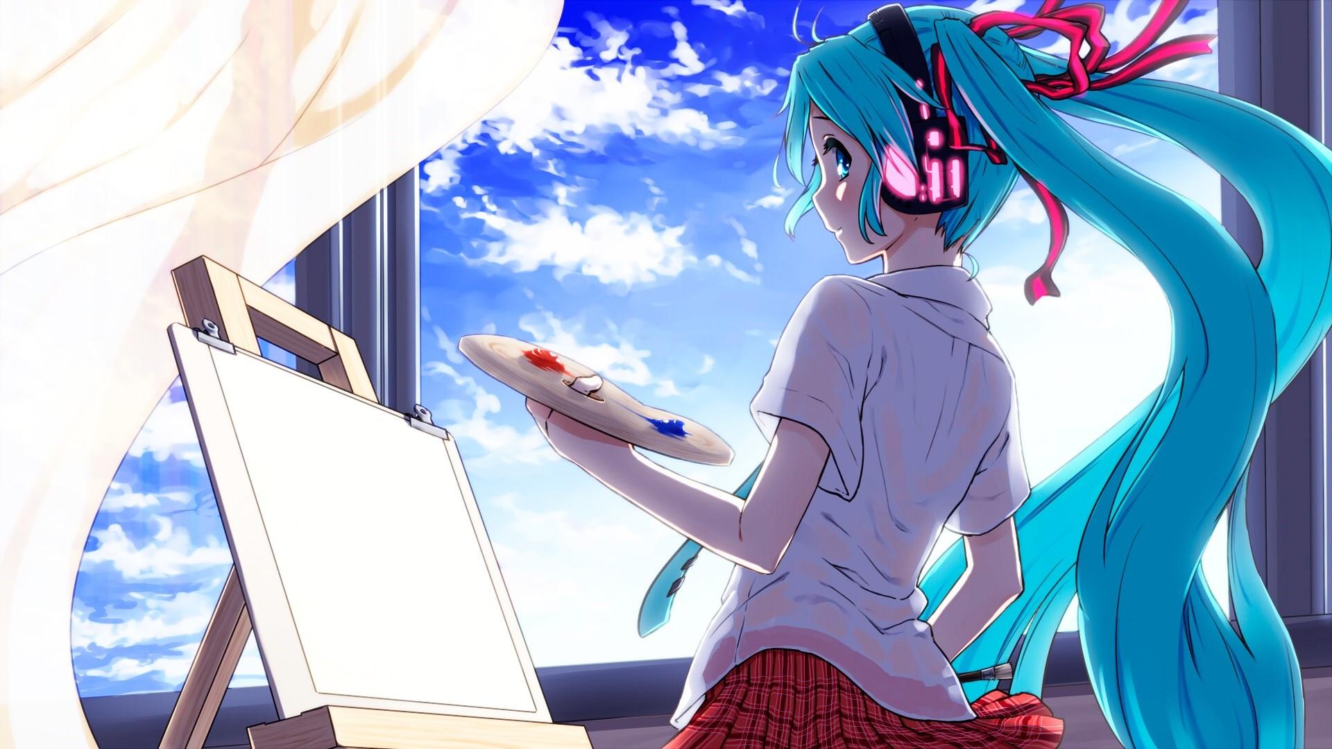 1920x1080 Hatsune miku, Vocaloid, Girl, Easel, Paint