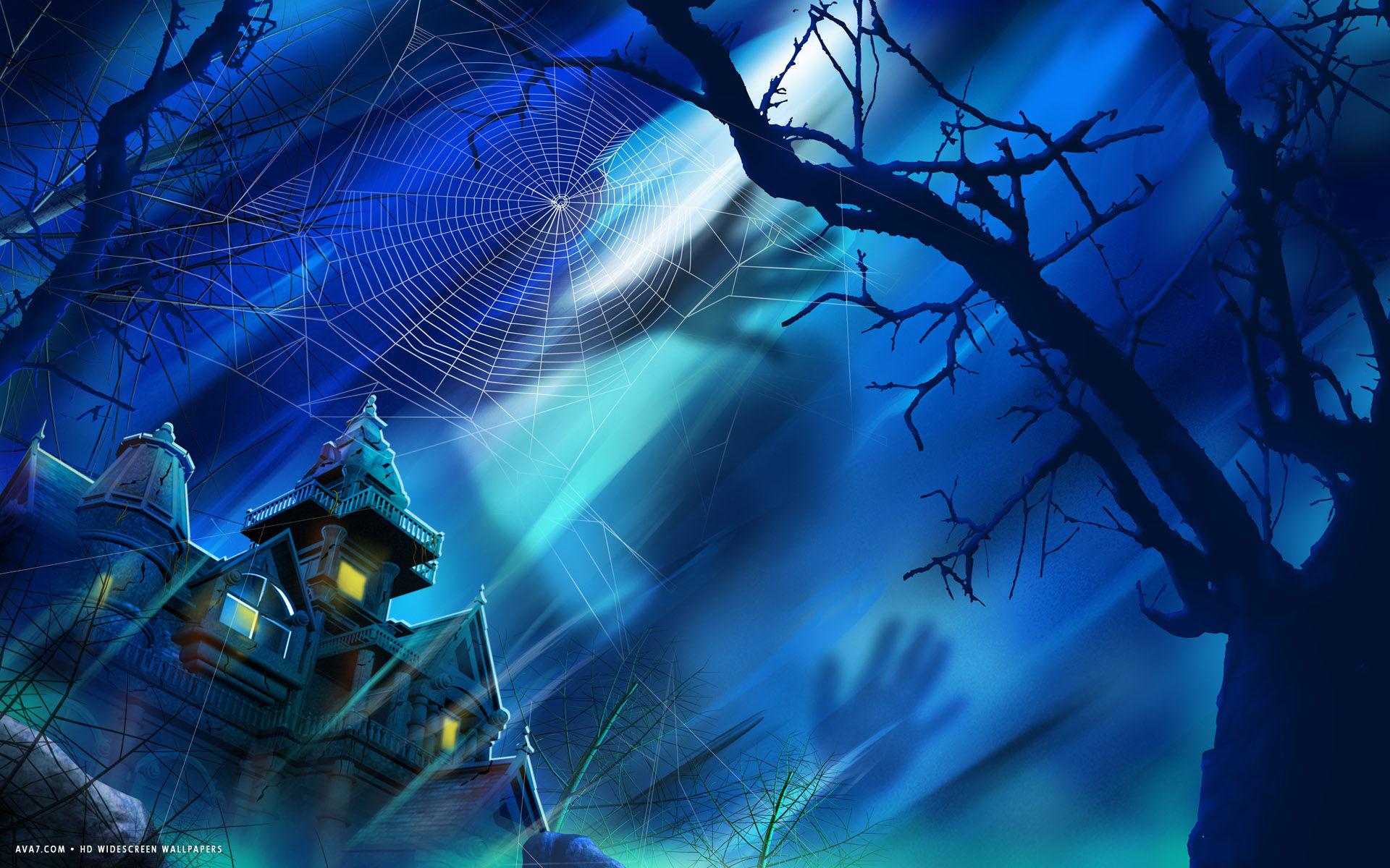 halloween house spider web tree shadow moonlight holiday HD