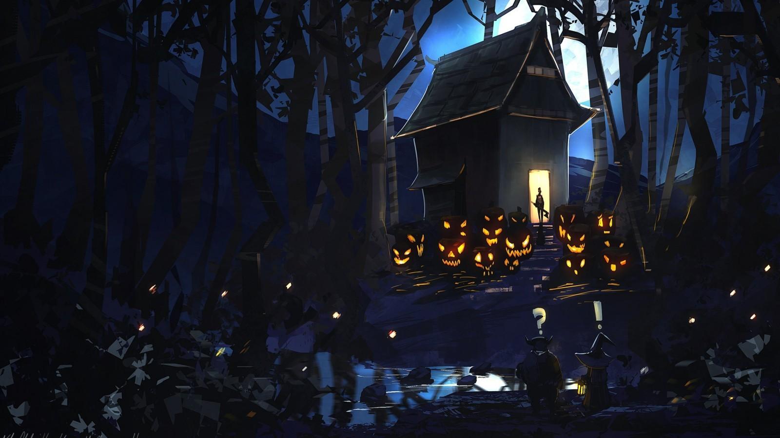 Download 1600x900 Halloween, Dark Forest, Mini House