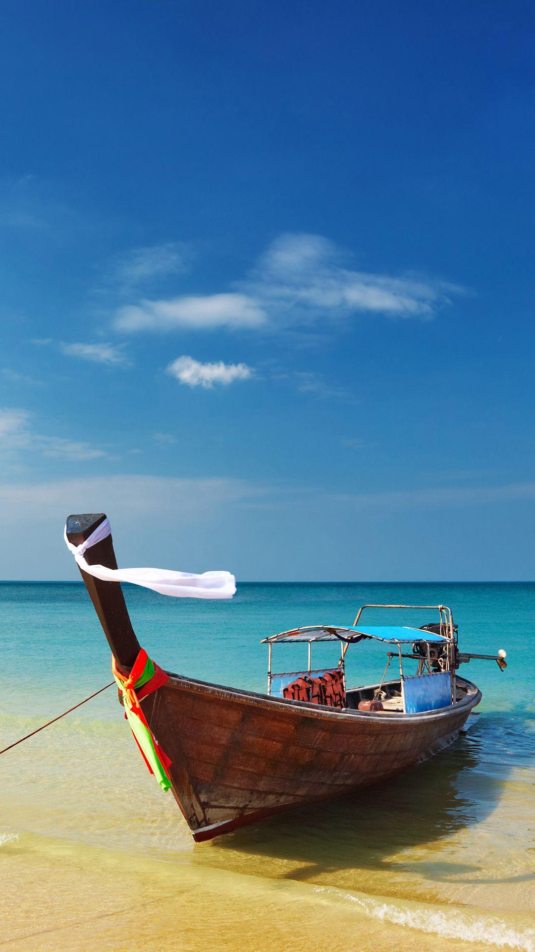Thailand Beach Shore Boat Android Wallpaper. wallpaper