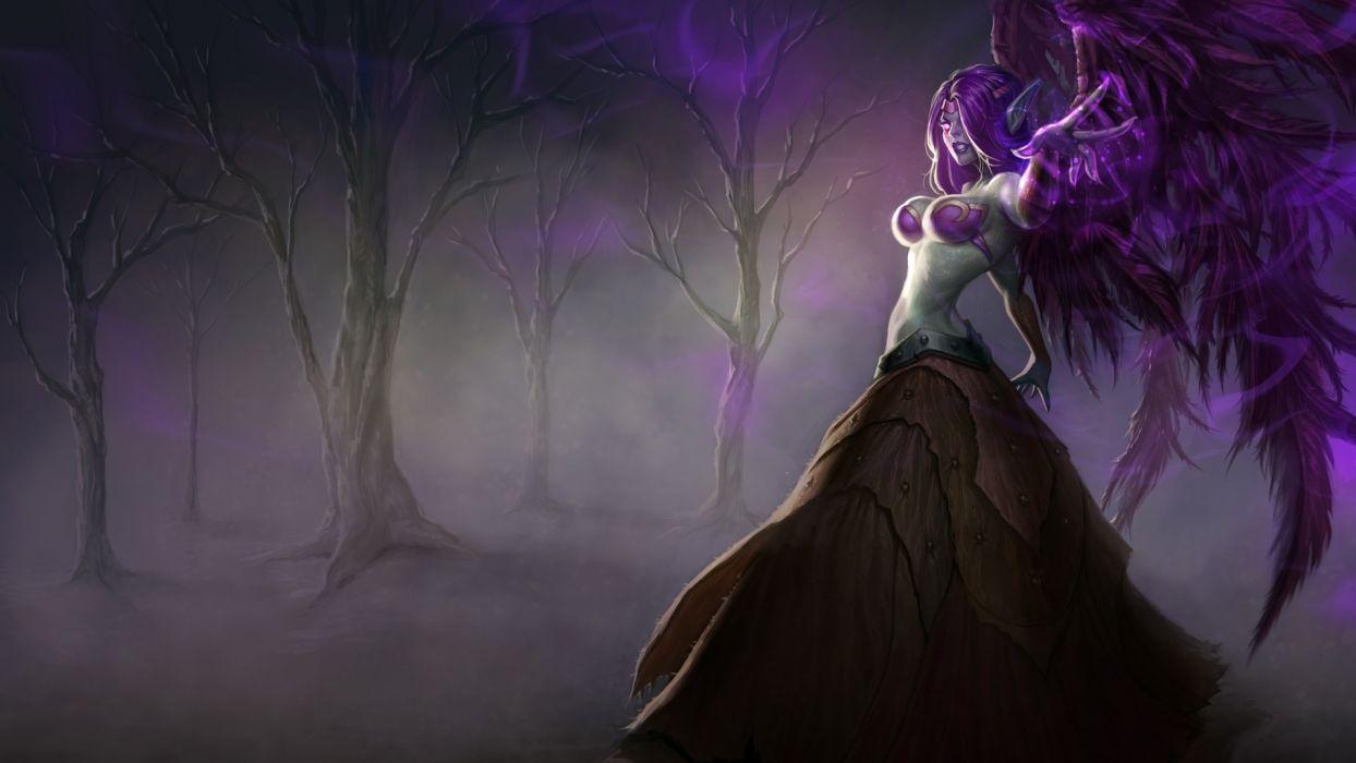 Women video games wings League of Legends purple hair long ears Morgana the Fallen Angel wallpaperx1080