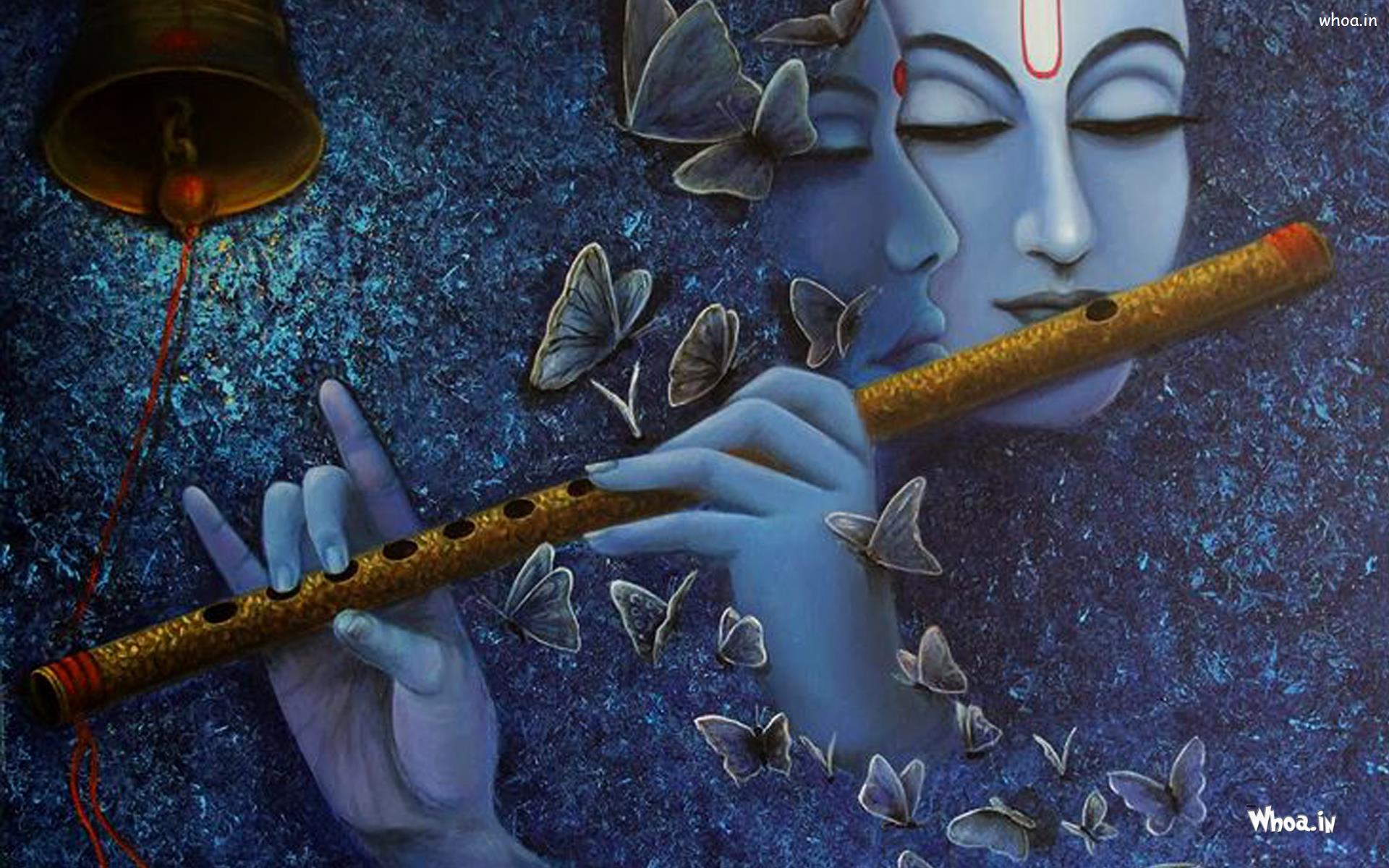Lord Radhe Krishna Playing Flute Blue Painting Wallpaper