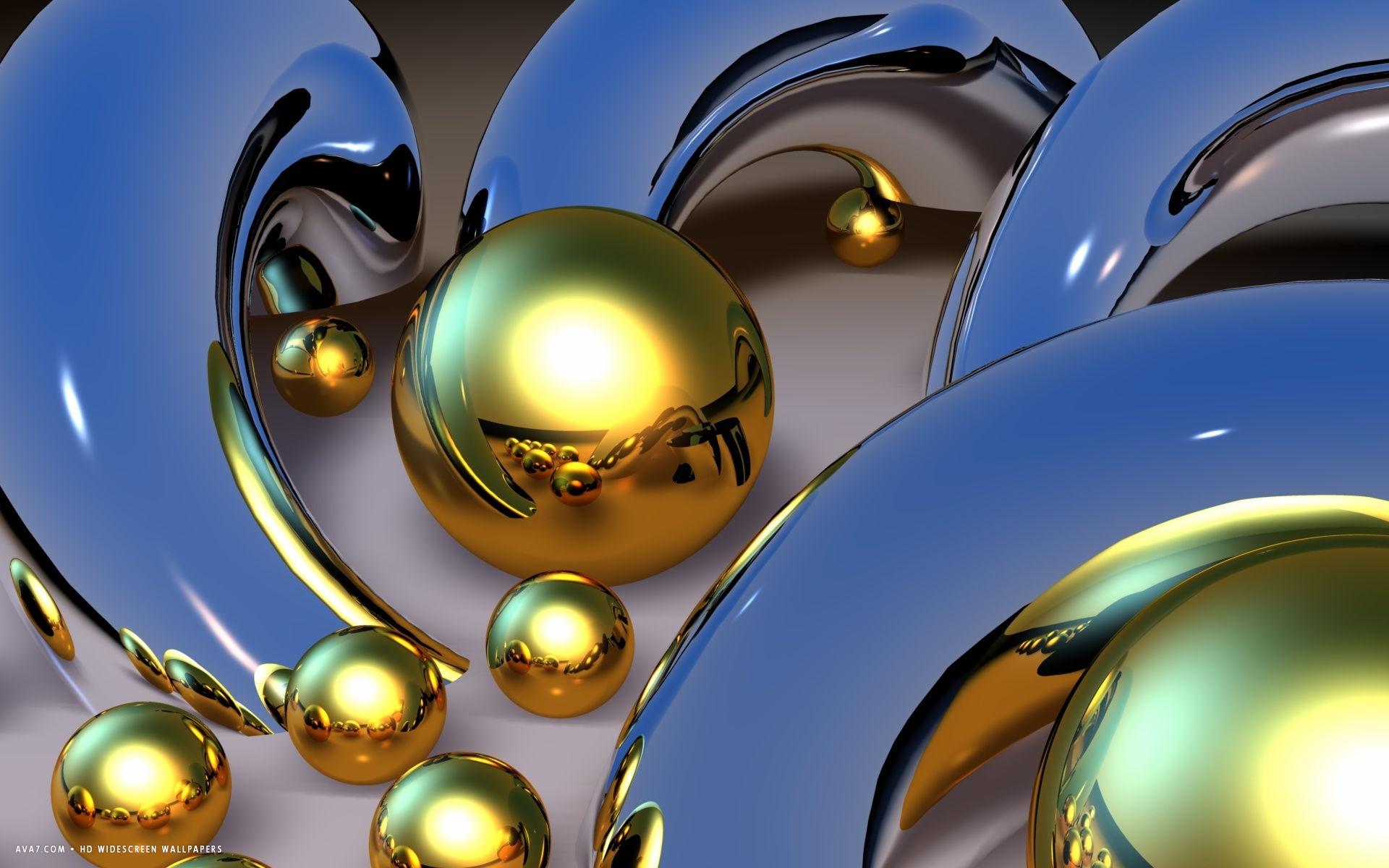 3D gold abstract reflective spheres HD widescreen wallpaper