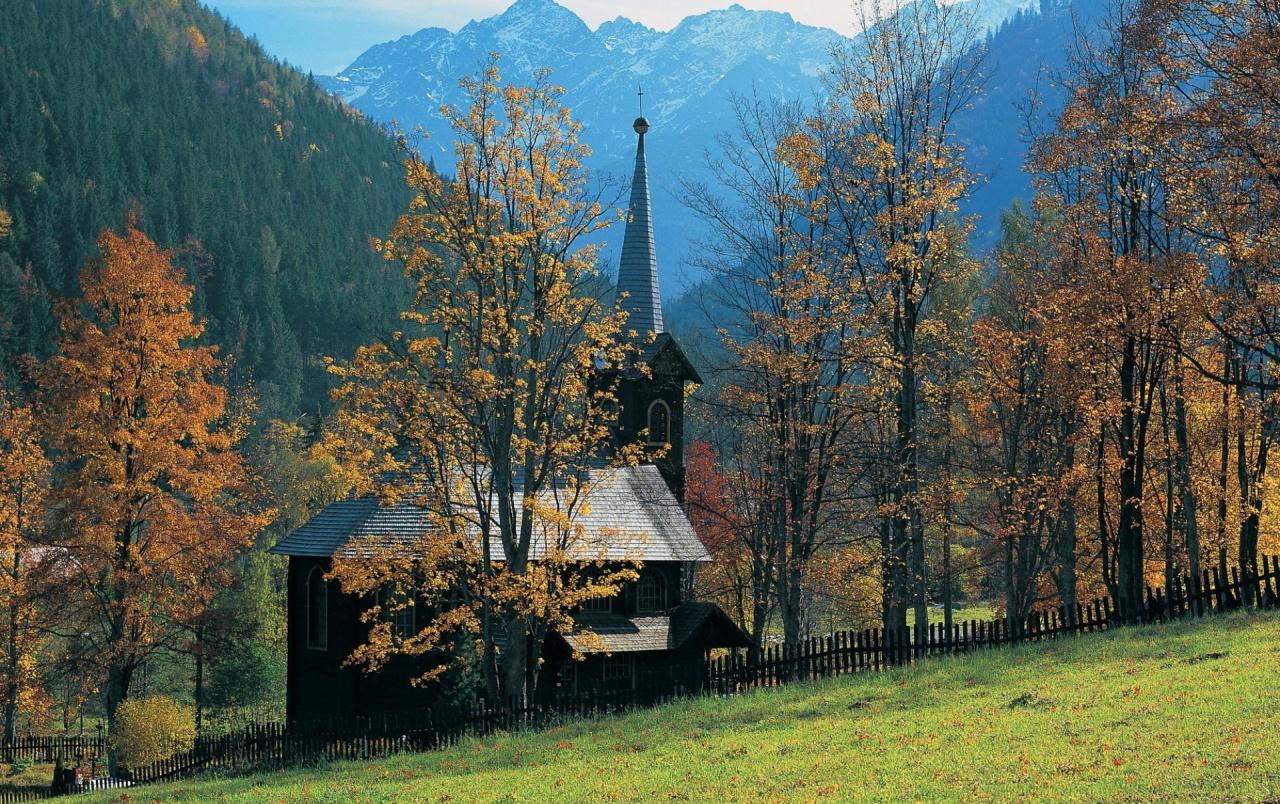 Church in mountains wallpaper. Church in mountains stock