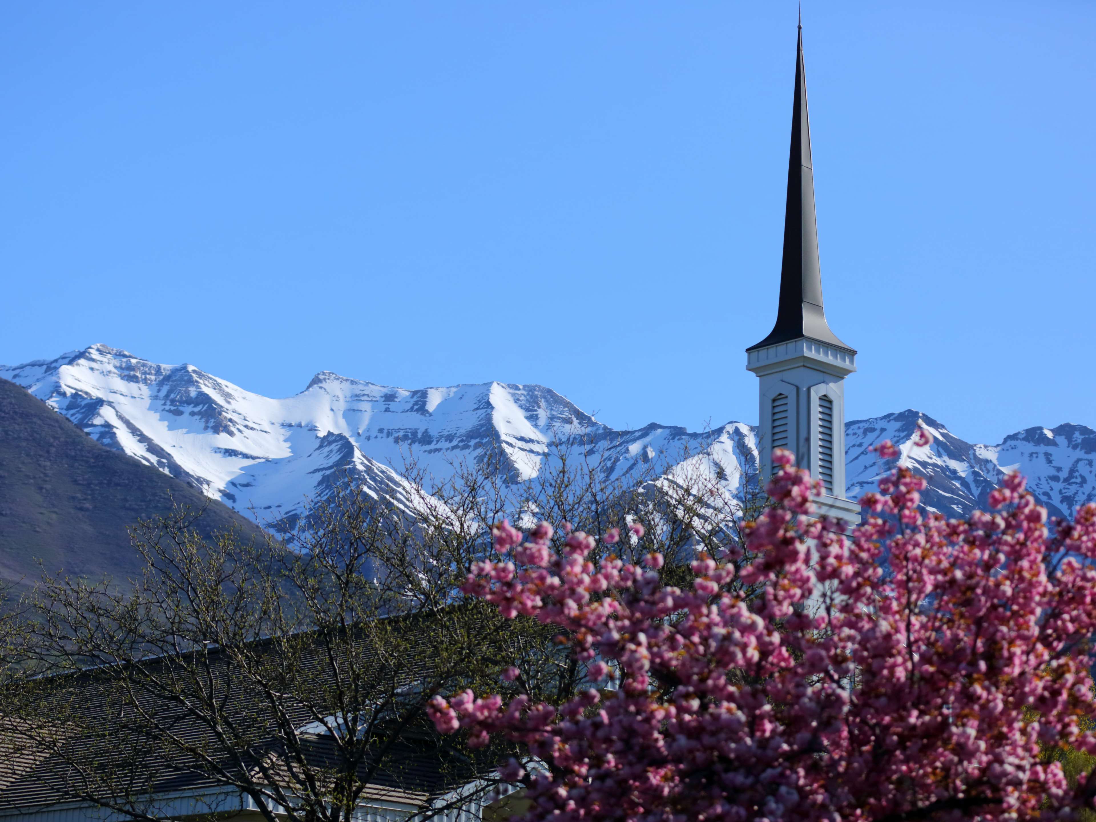 blue sky, church, mountains, steeple 4k wallpaper