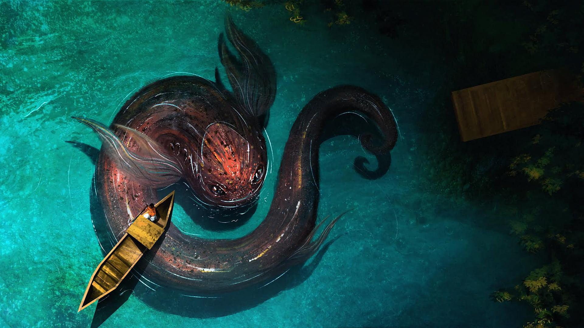 Brown and red sea animal painting, fish, boat, fantasy art