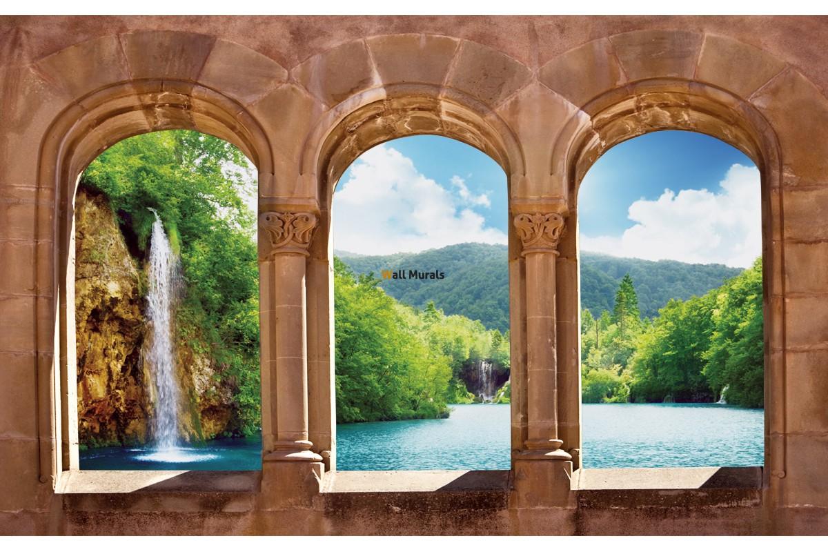 Wallpaper mural waterfall views across antique columns
