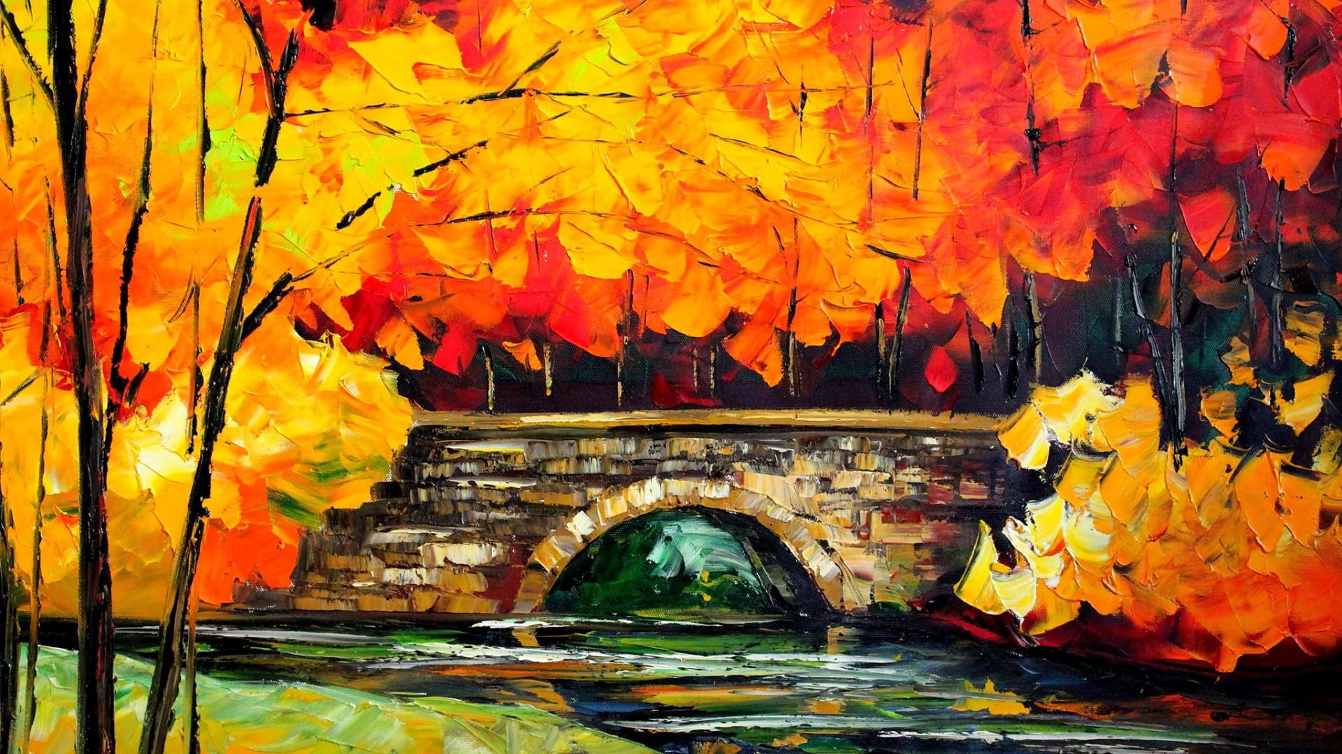 Late Autumn Bridge Painting HD Wallpaper Image Free Download