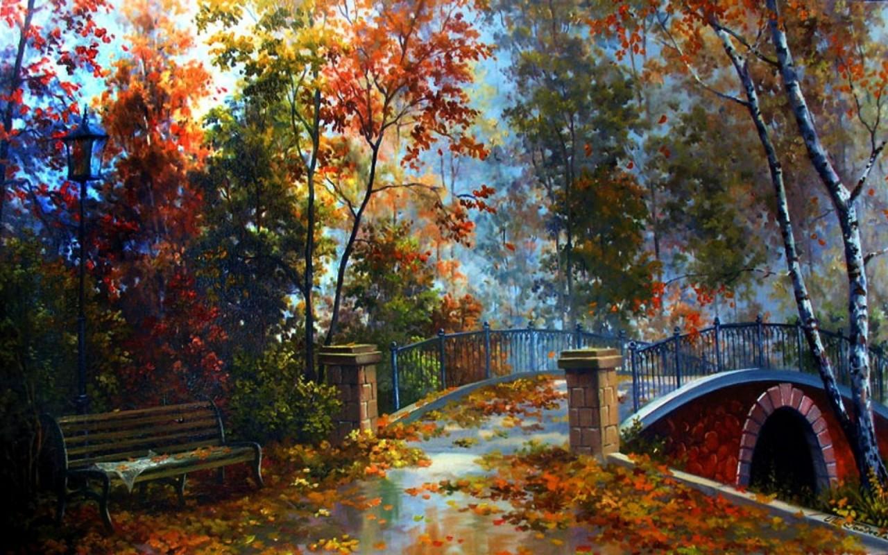 Autumn Forest Bench Bridge wallpaper. Autumn Forest Bench Bridge