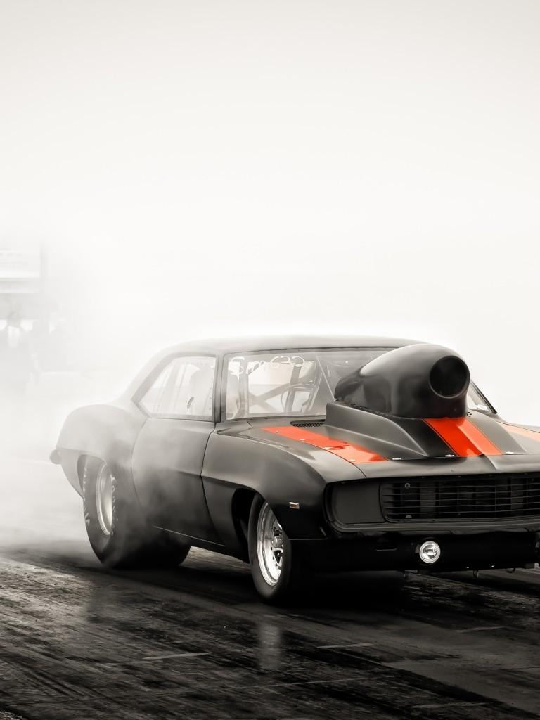 Download 768x1024 Drag Racing, Smoke, Cars Wallpaper