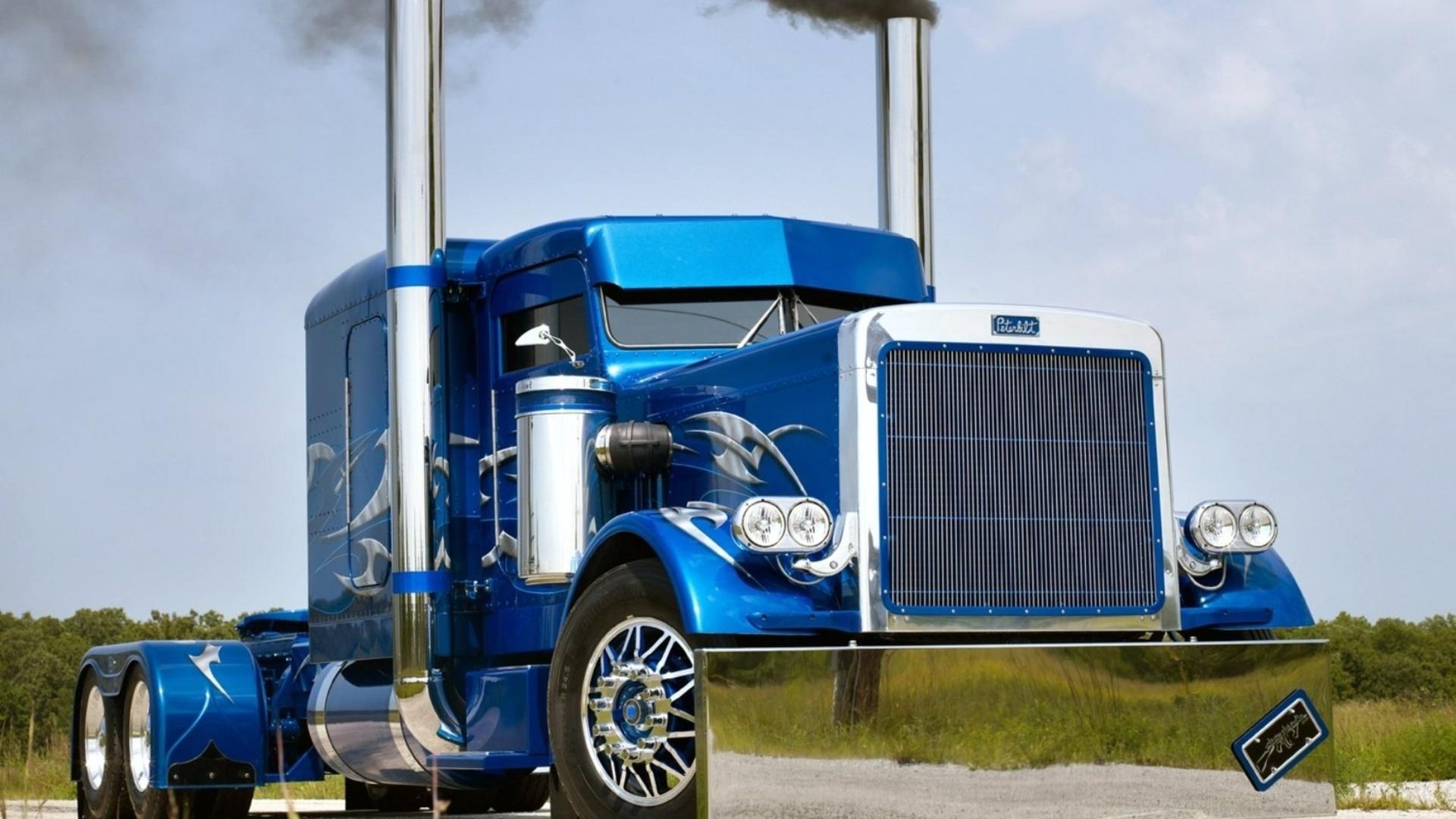 Peterbilt vehicles trucks custum tuning wheels blue chrome lights grill smoke wallpaperx1080