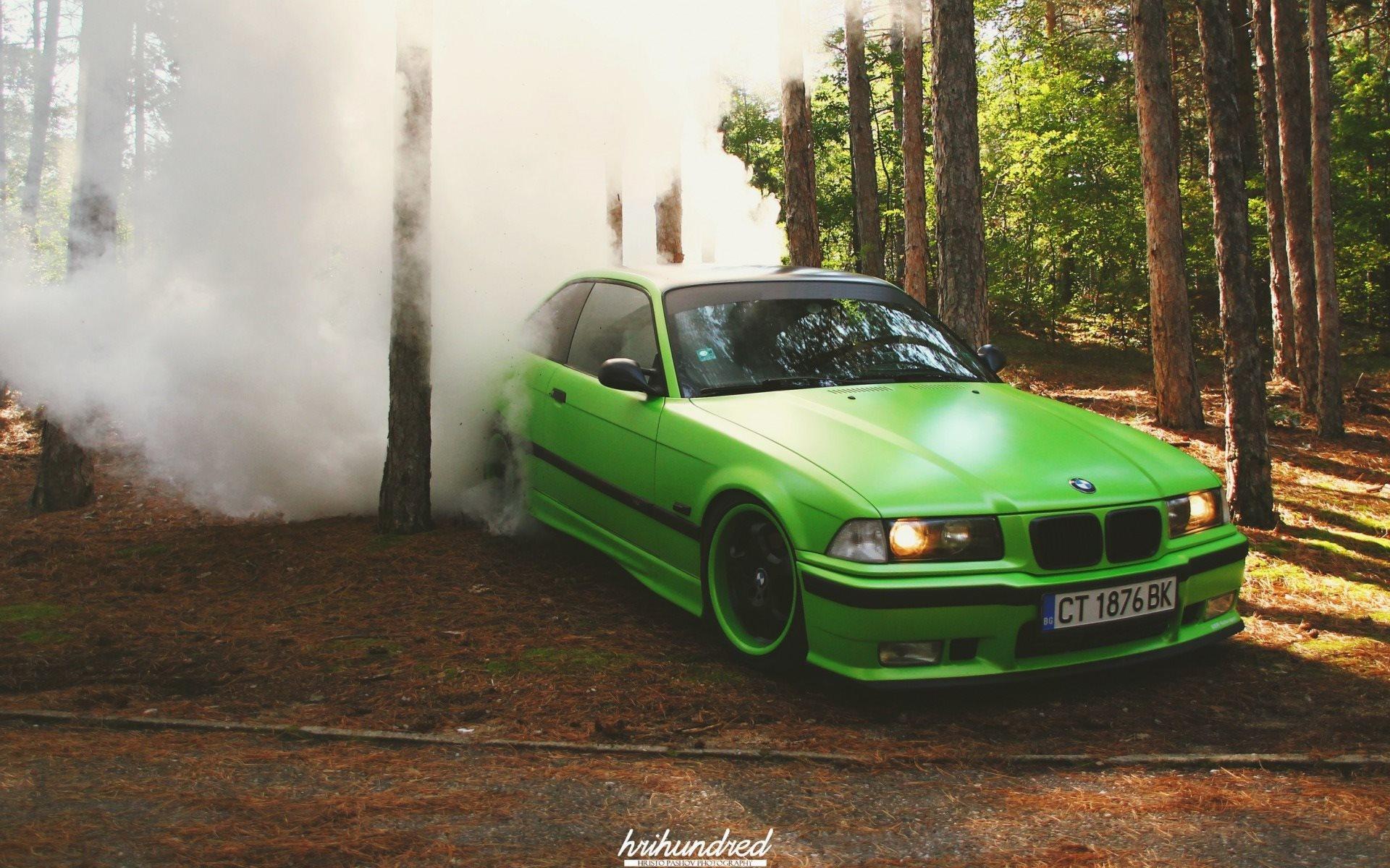 Download wallpaper BMW M3, drift, smoke, E36, forest