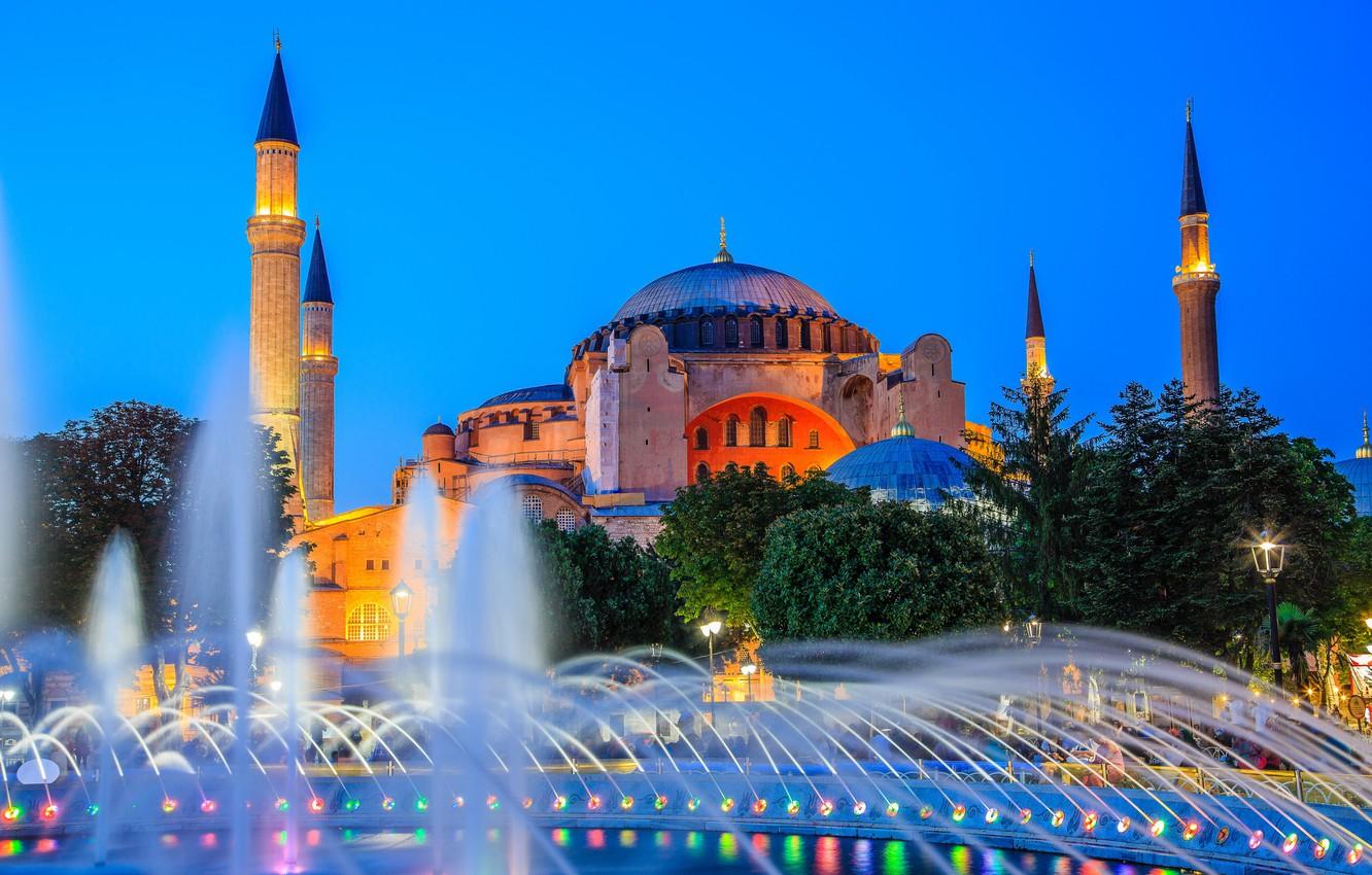 Wallpaper lights, fountain, Istanbul, Turkey, Hagia Sophia