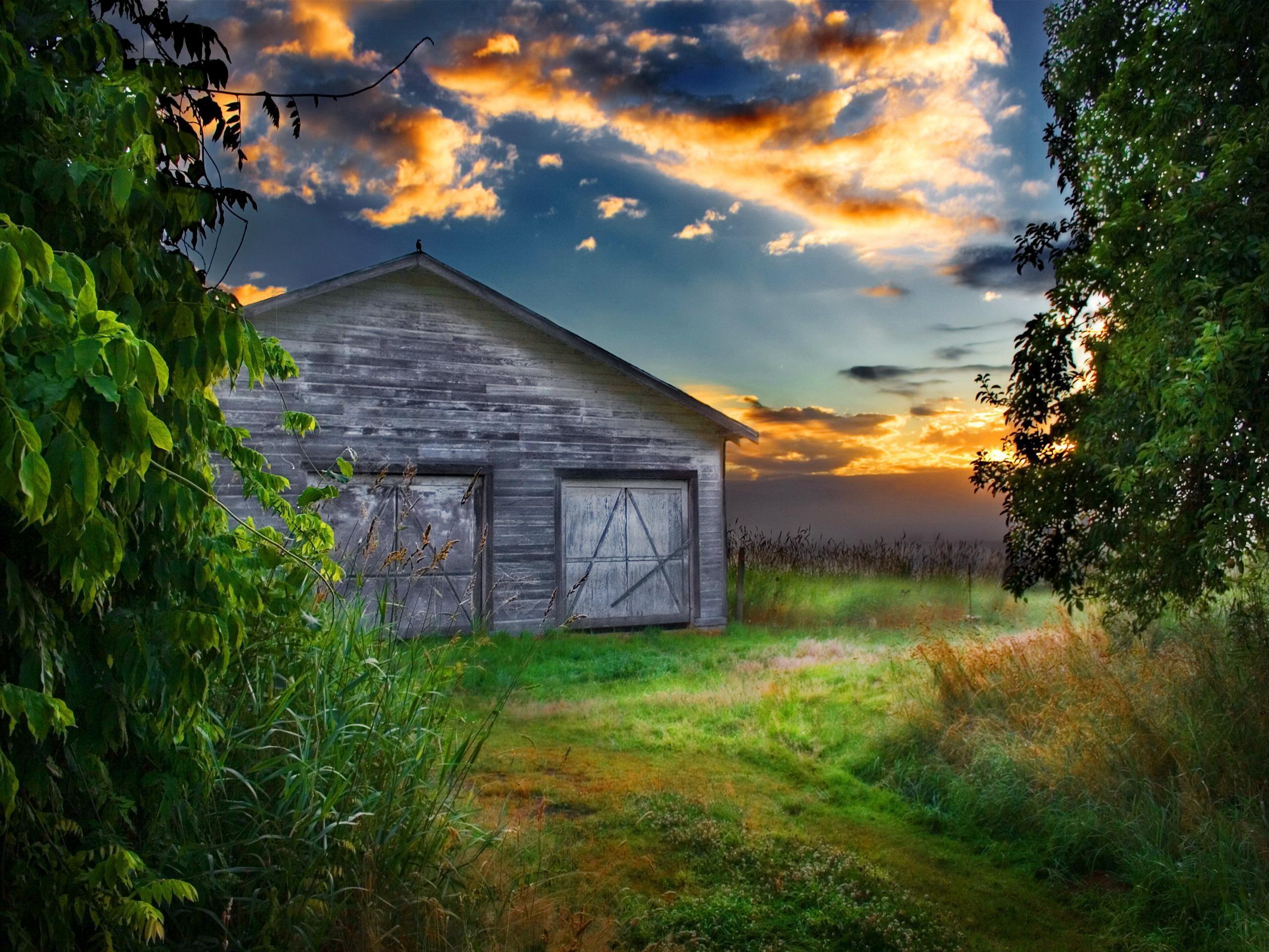 An, Old, Barn, At, Sunset, HD Wallpaper, Artwork, High