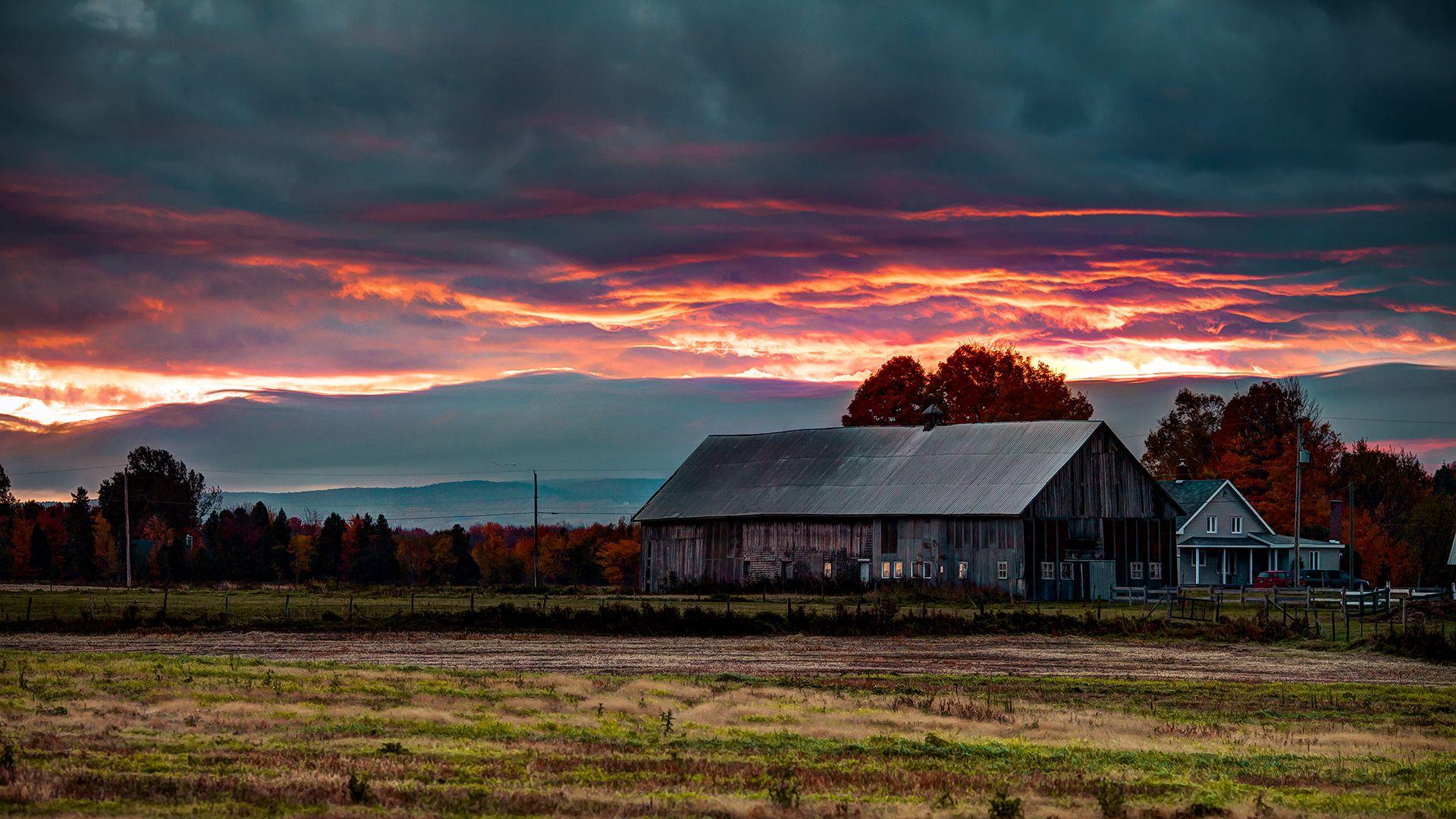 nature landscapes houses barn farm rustic fields trees autumn fall sunset sunrise sky clouds wallpaper. Sunrise wallpaper, Farmhouse wallpaper, Scenery wallpaper