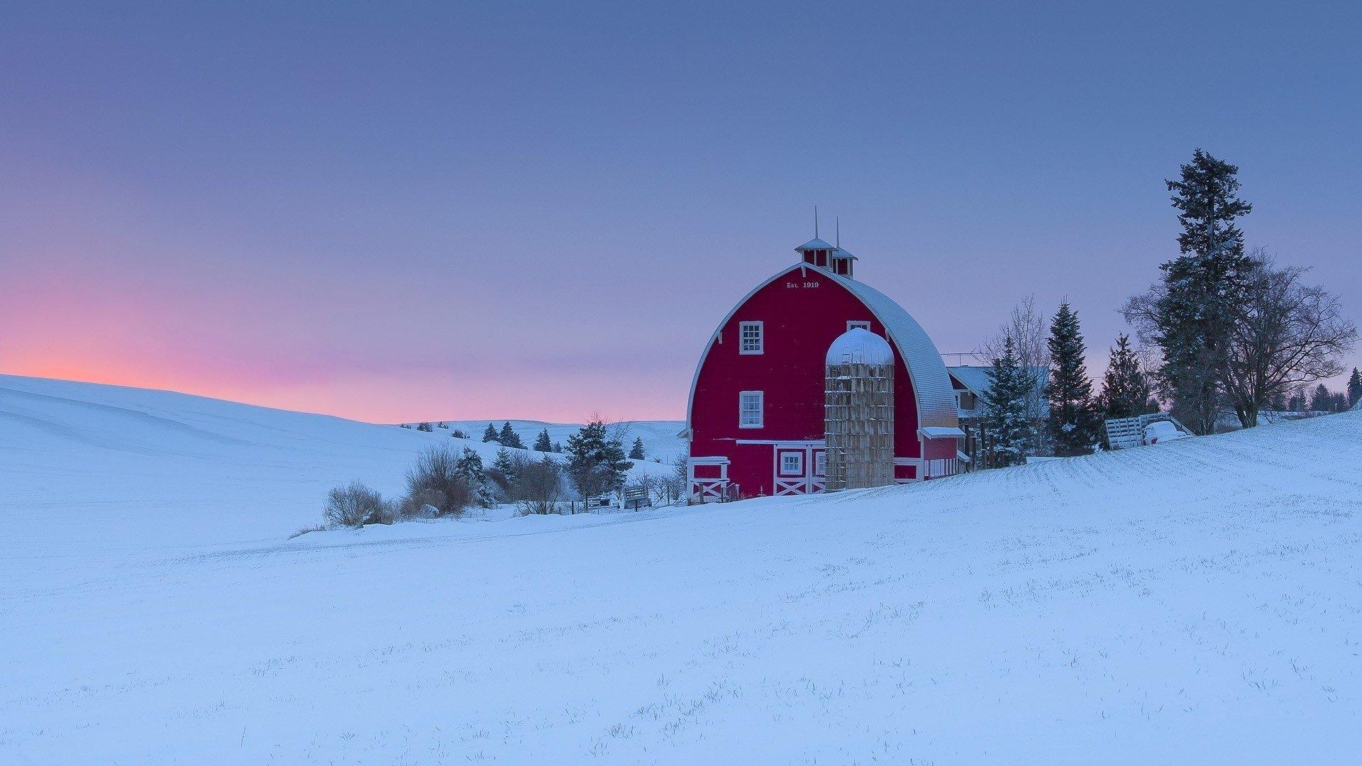 Barn and Silo in Winter Sunset HD Wallpaper. Background