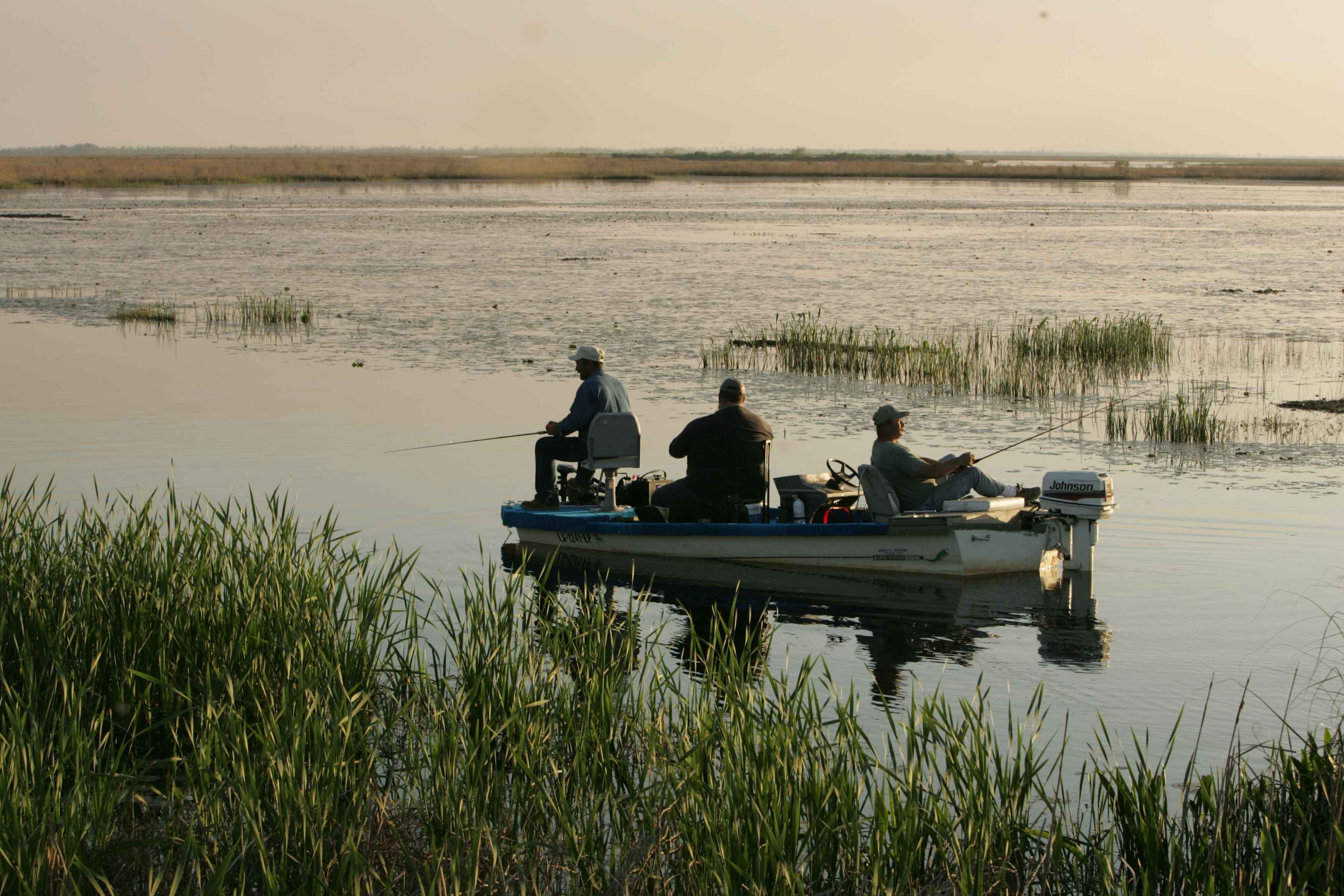 Free picture: three, men, bass, boat, relaxing, late, noon