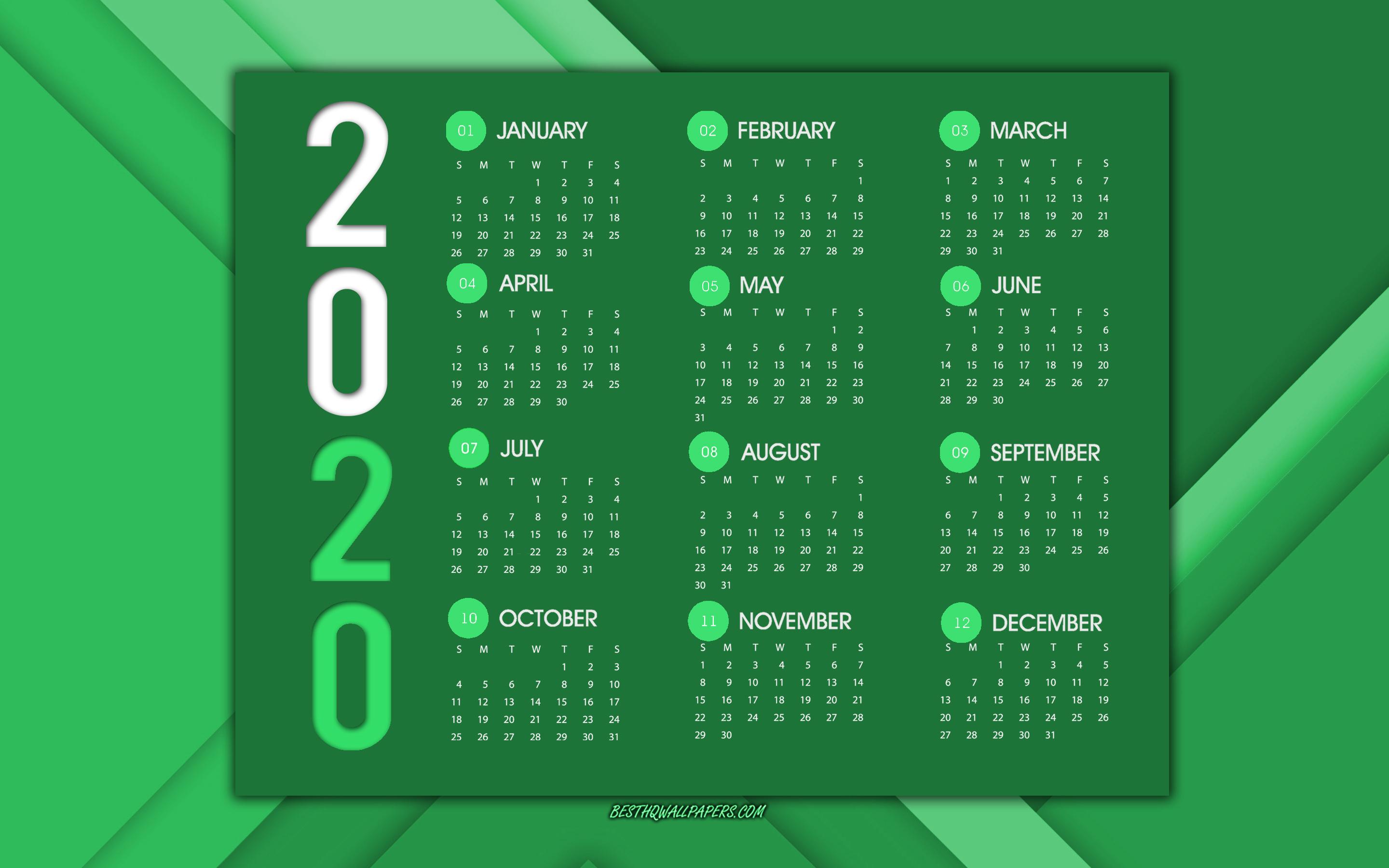 Download wallpaper 2020 Calendar, all months, green