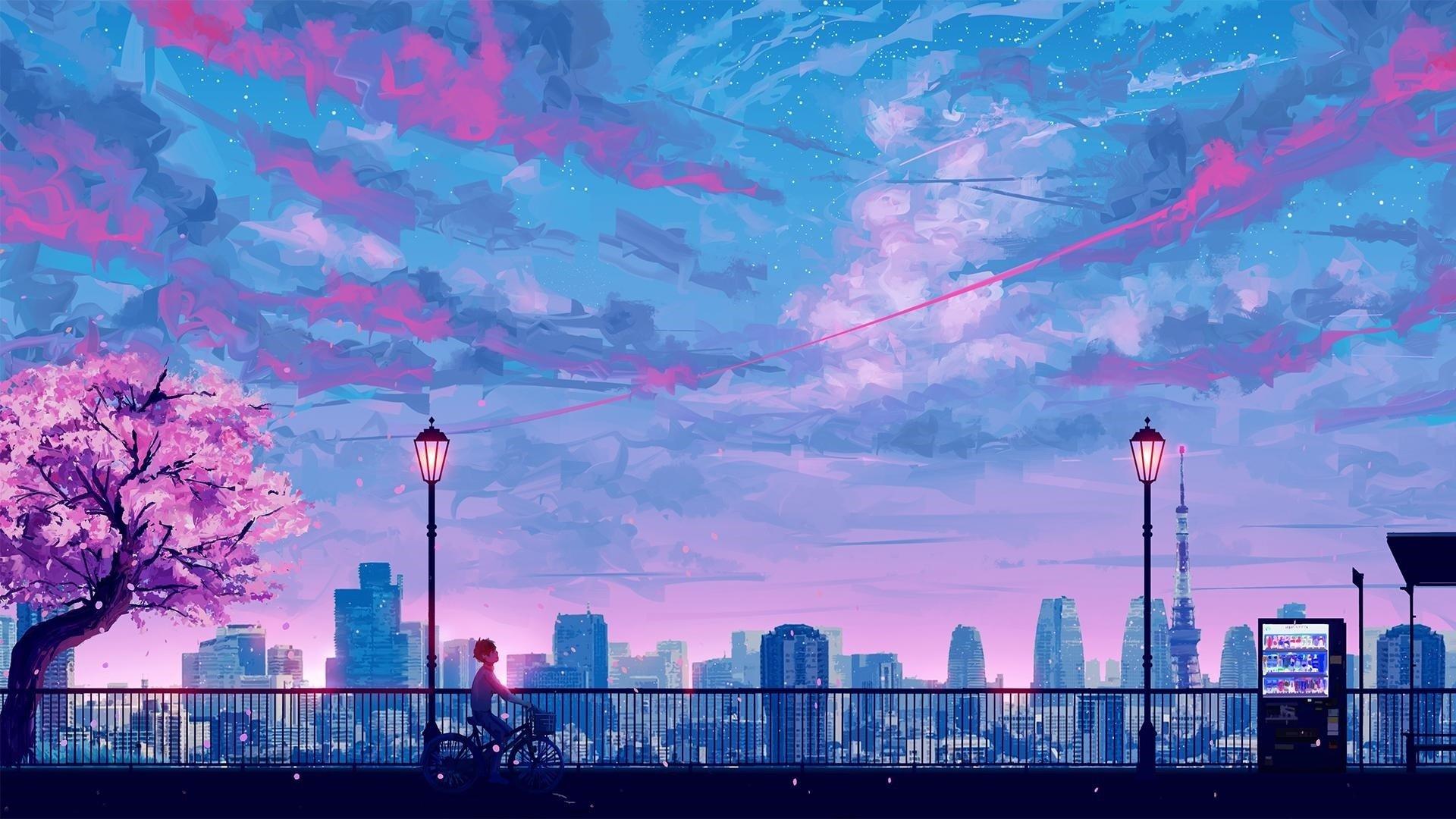 Anime City in Spring HD Wallpaper. Background Image