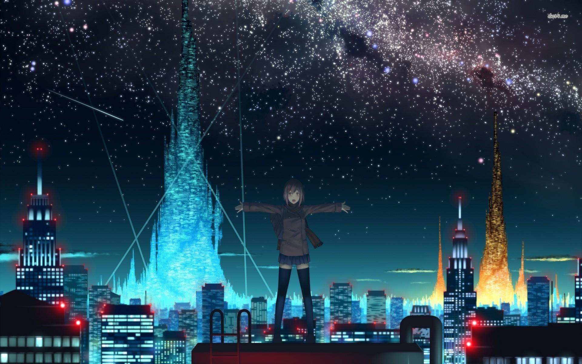 Starry sky over anime city wallpaper wallpaper