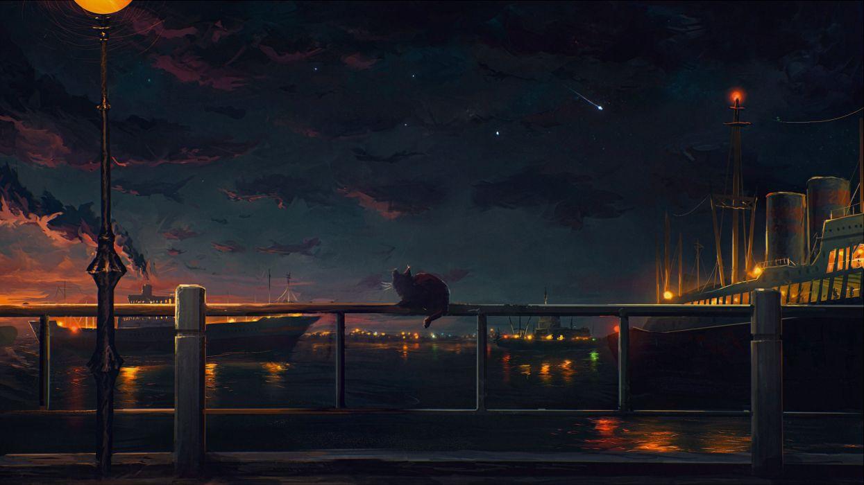 Anime landscape sky city light sky sea ship wallpaper
