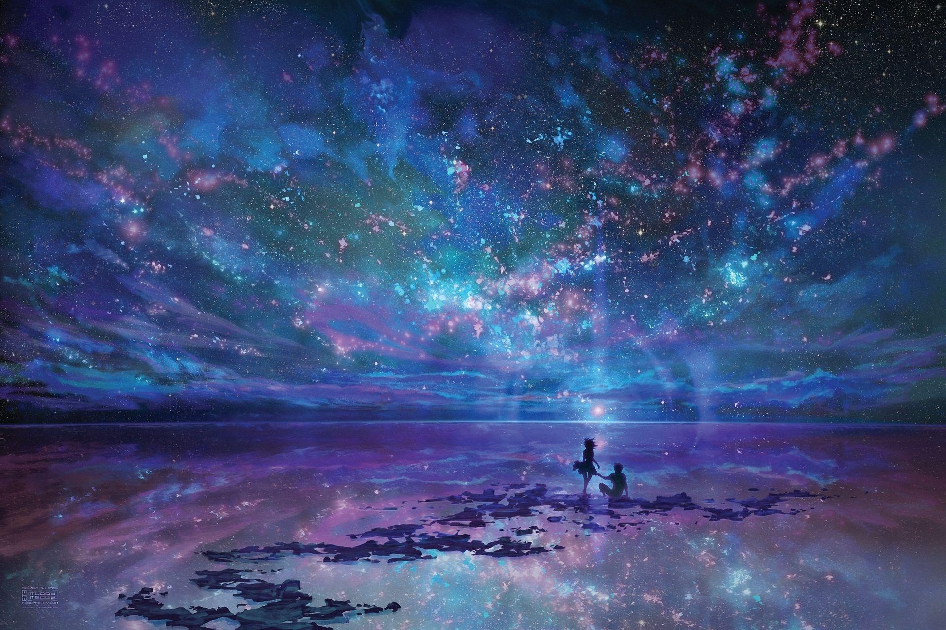 Anime Sky Anime Blue Purple Reflection Couple Ocean