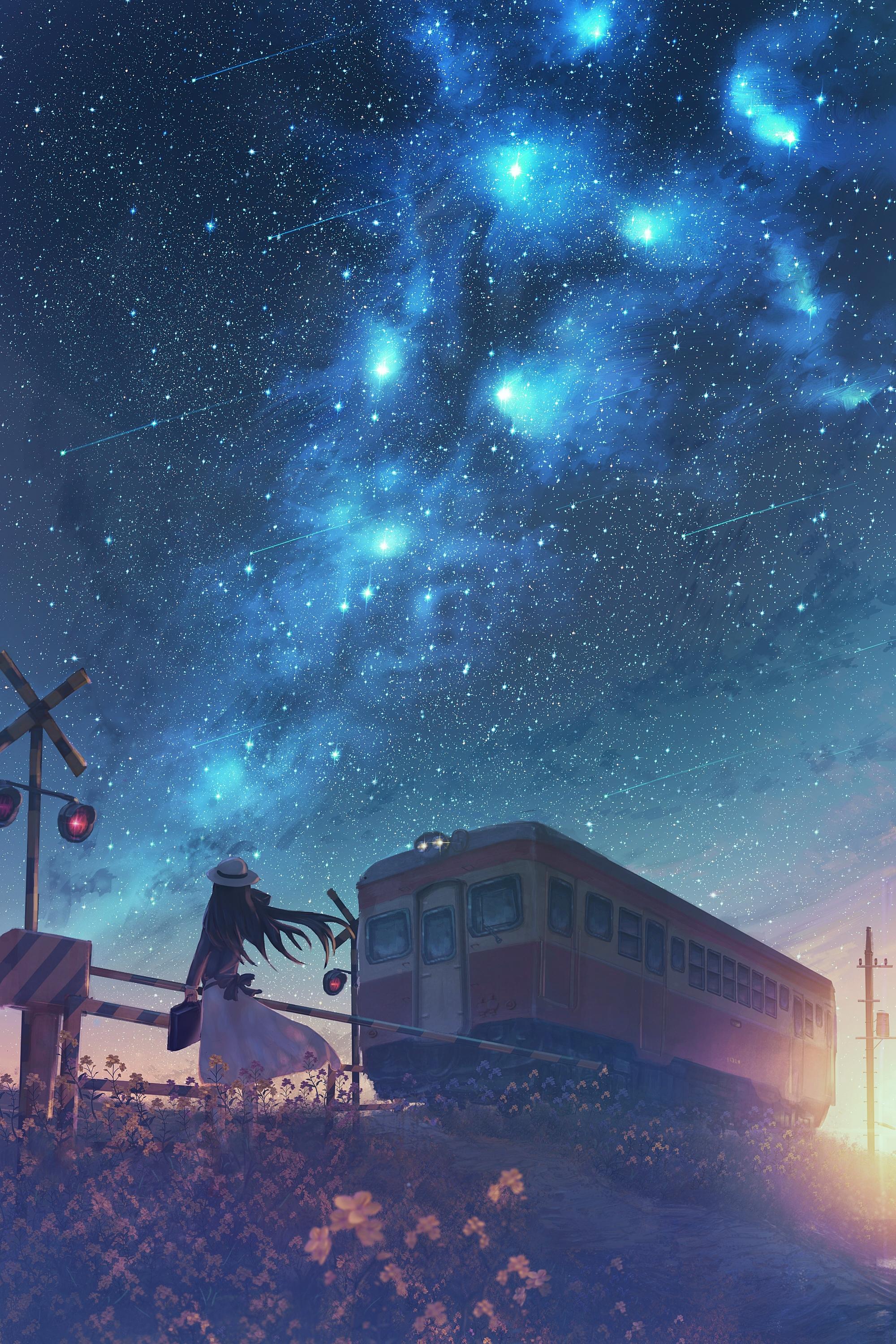 Download 2000x3000 Anime Starry Sky, Railroad Car, Mood, Anime Girl, Scenic, Falling Stars, Night Wallpaper