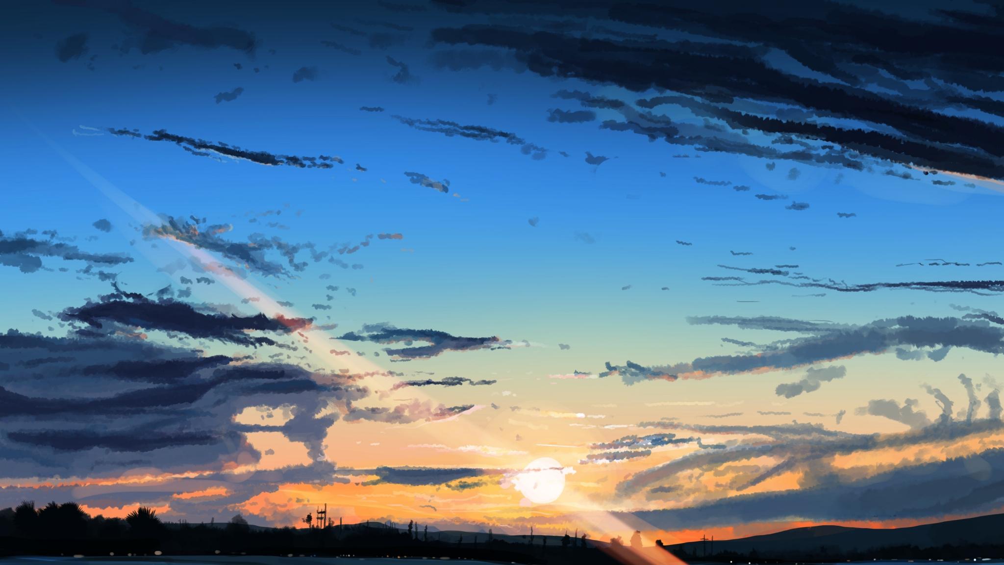 Download 2048x1152 wallpaper sunset, sky anime, clouds