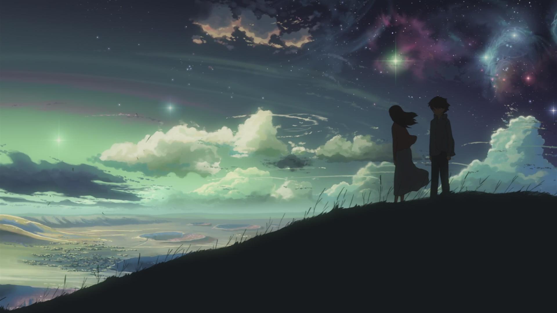 Boy and girl on field under green and purple sky anime HD