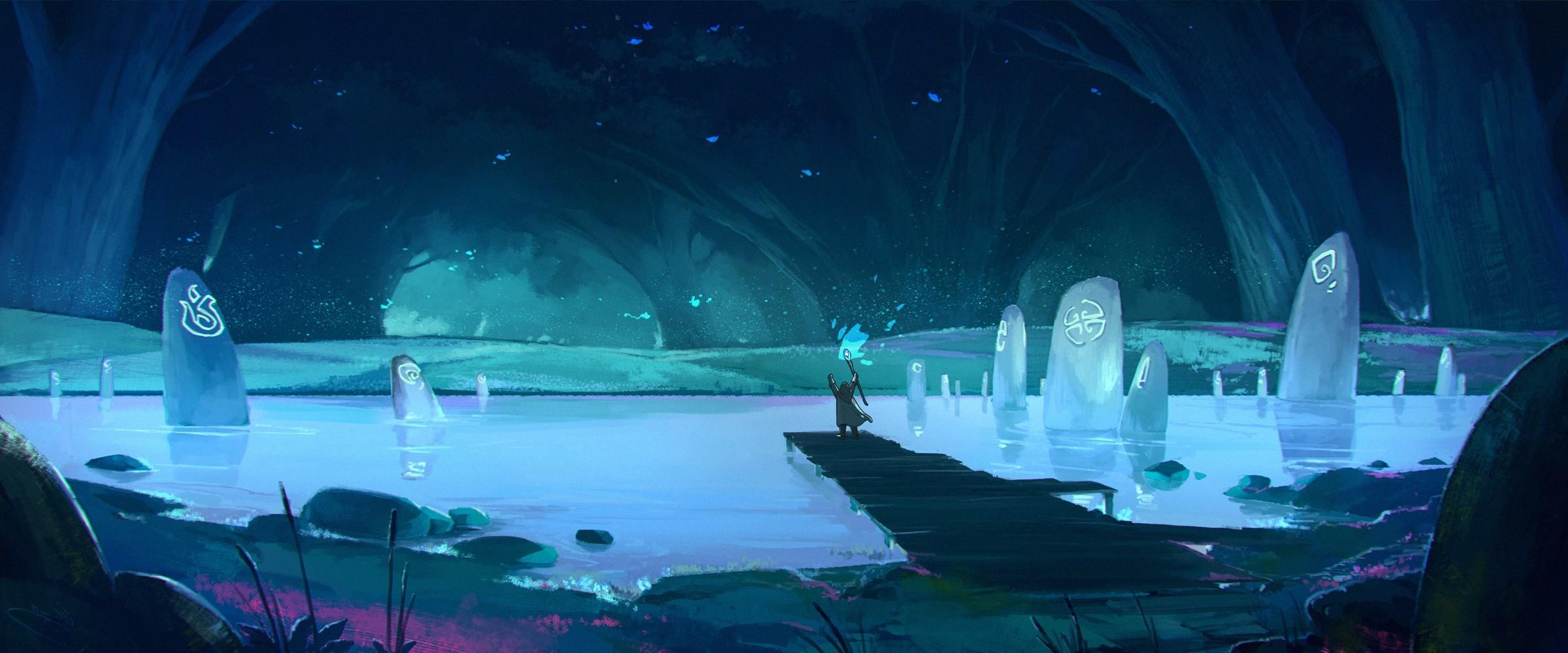 fantasy art blue pond cave magic wallpaper