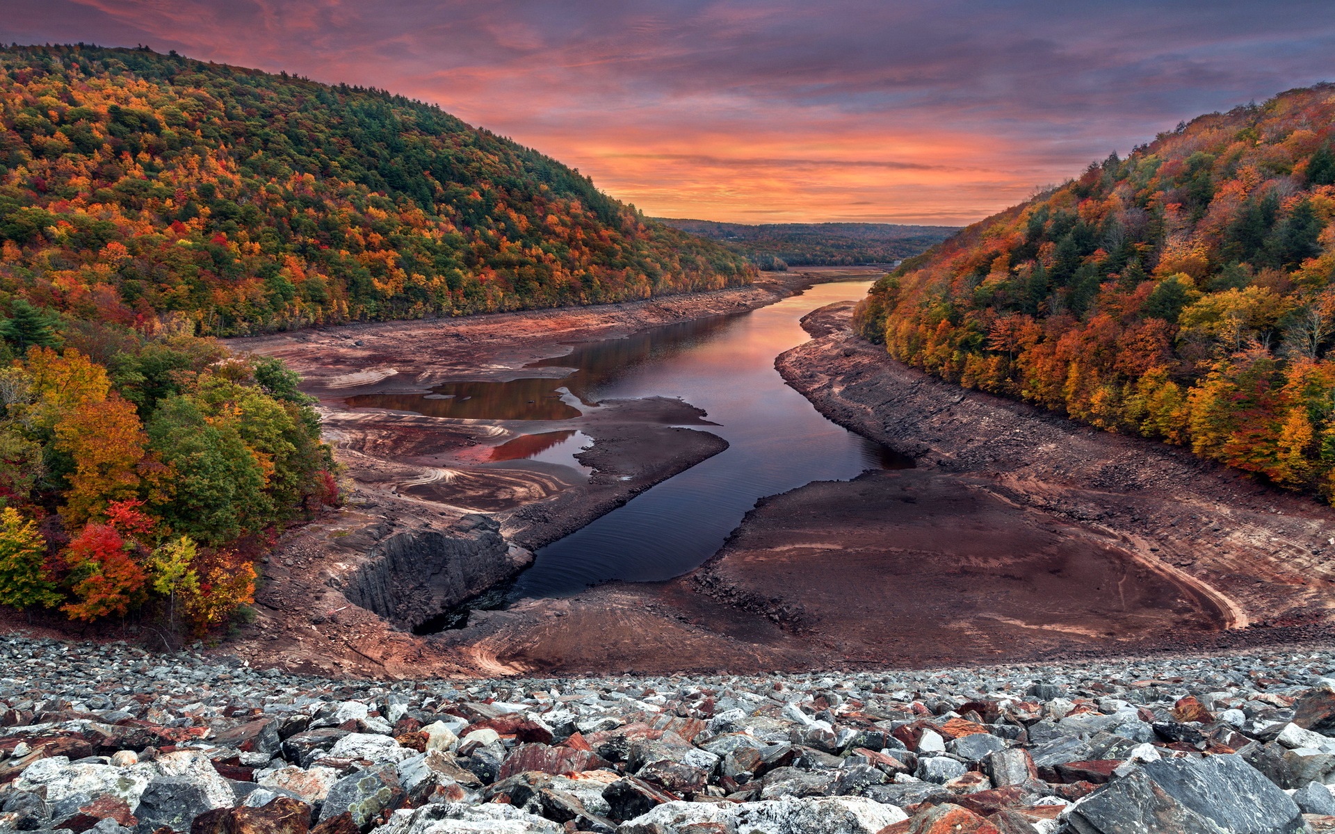 Wallpaper Autumn, sunset, trees, river, rocks 1920x1200 HD