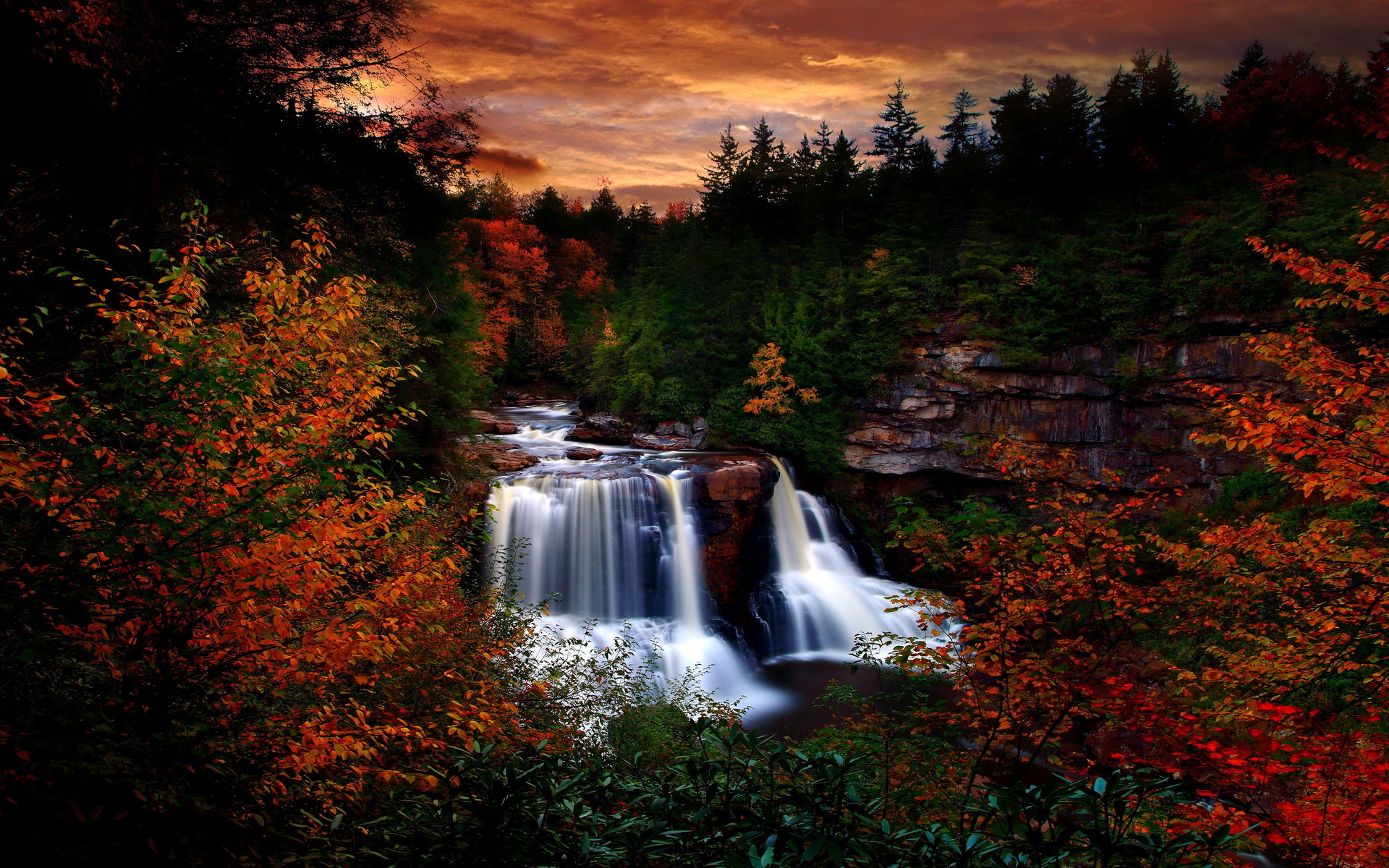 Landscapes trees forest woods rivers autumn fall sunset