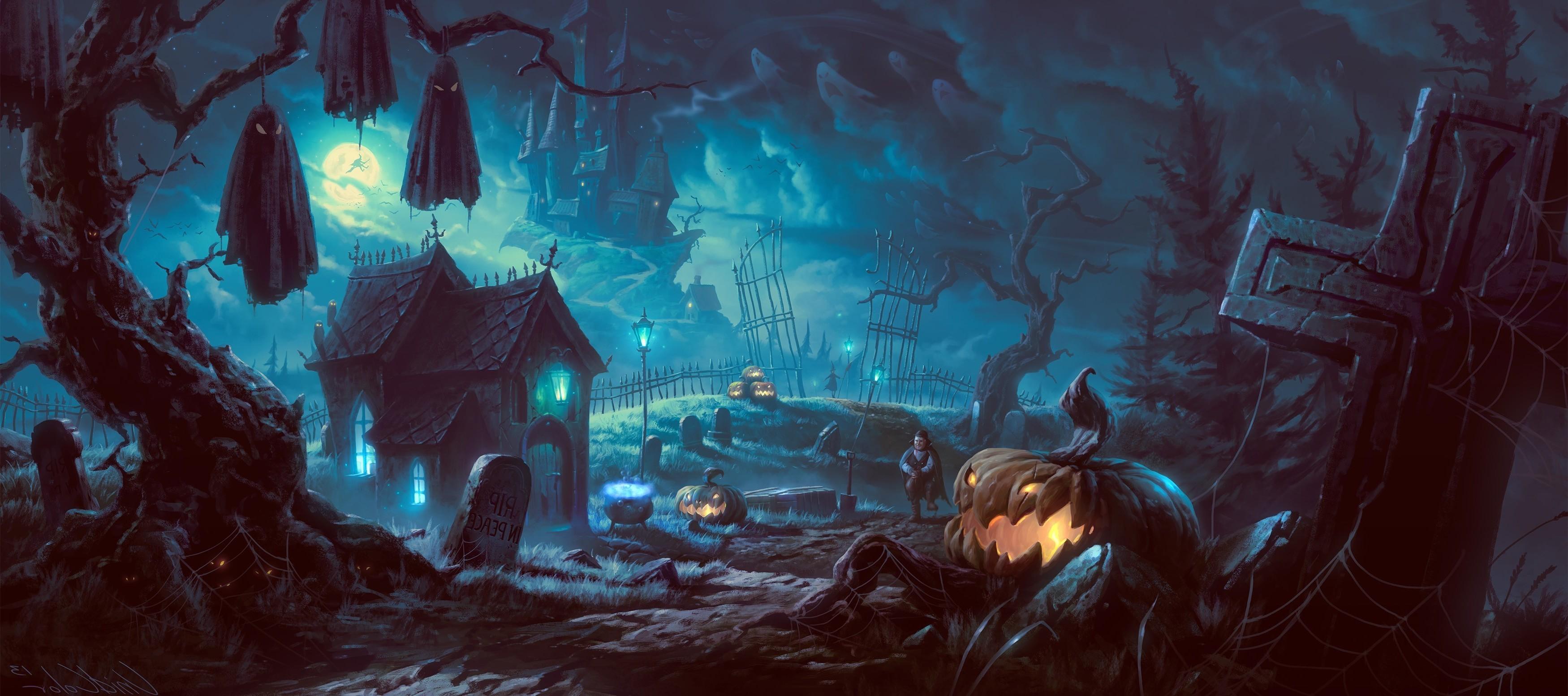 artwork, Fantasy Art, Halloween, Pumpkin, Forest Wallpaper HD / Desktop and Mobile Background