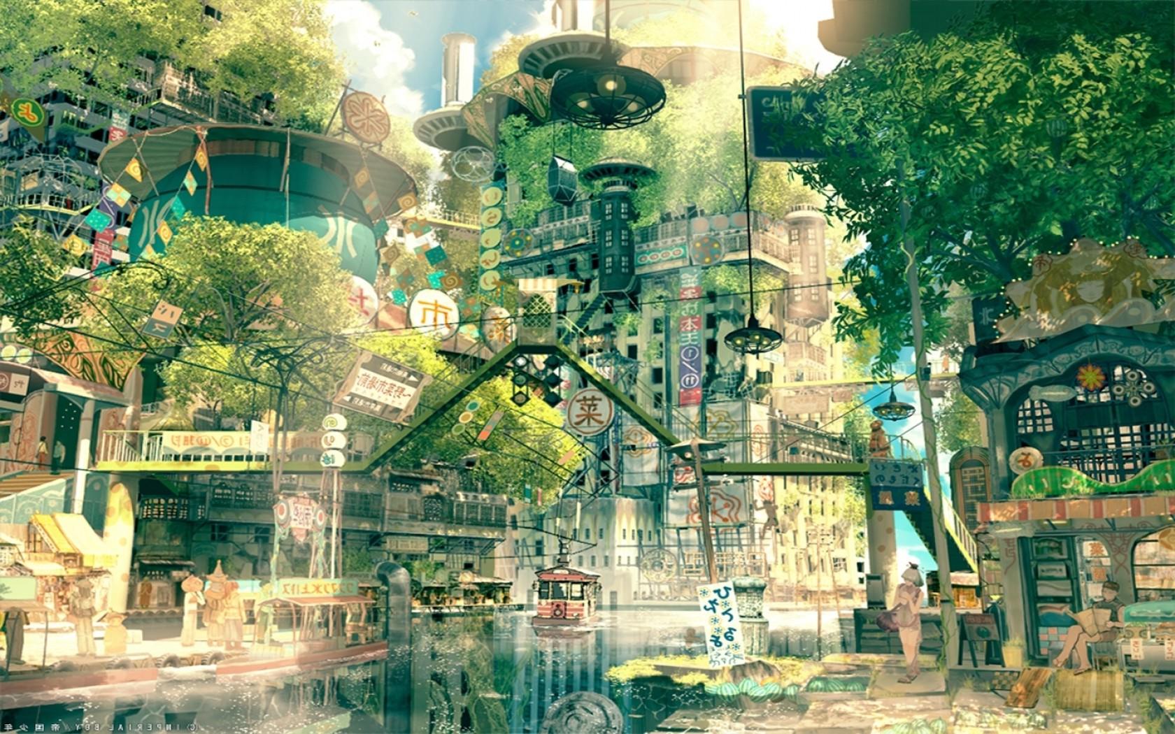 drawing, City, Cityscape, Japan, Fictional, Nature, Anime