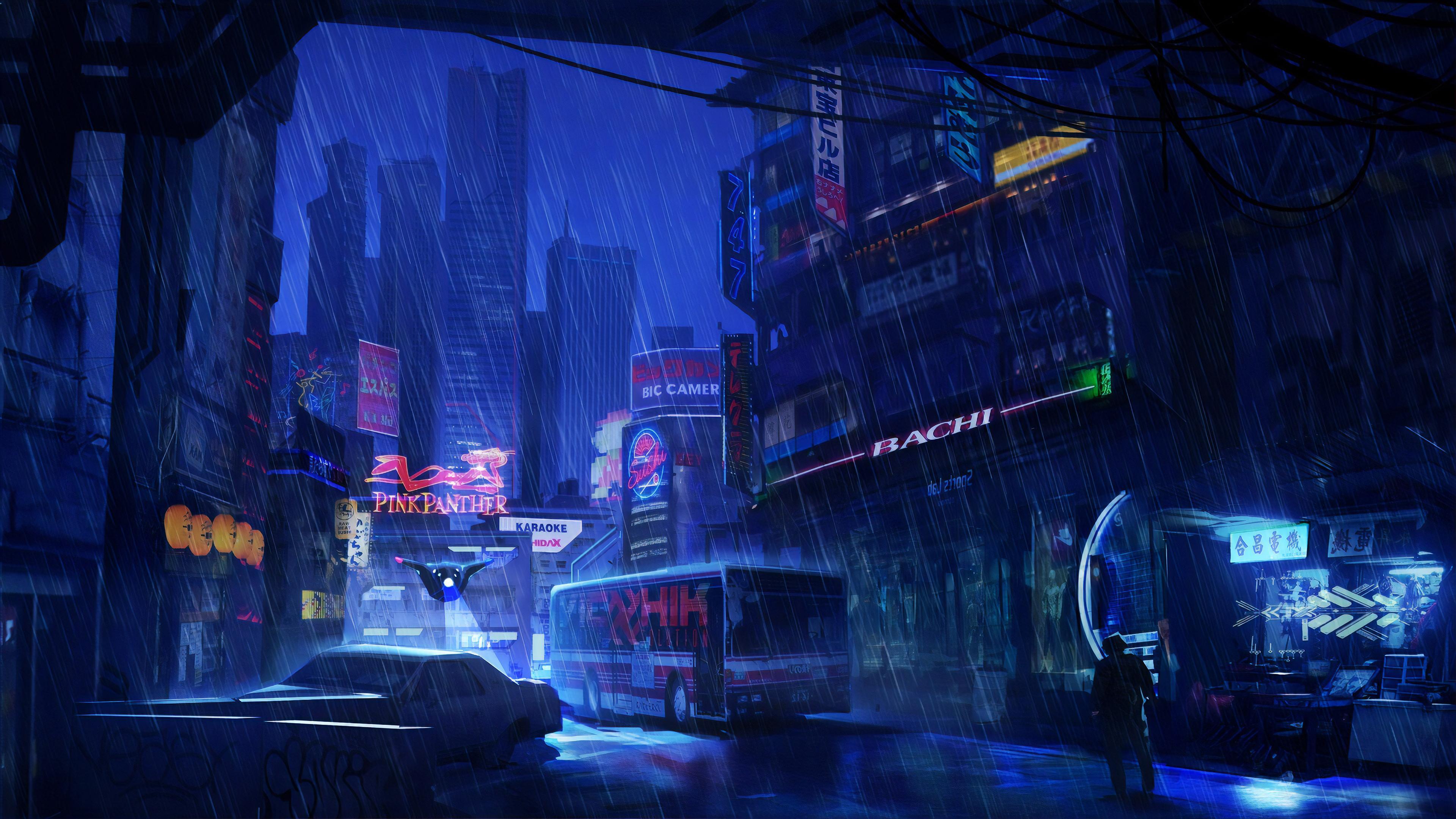 Futuristic City Dark Evening Rain 4k, HD Artist, 4k