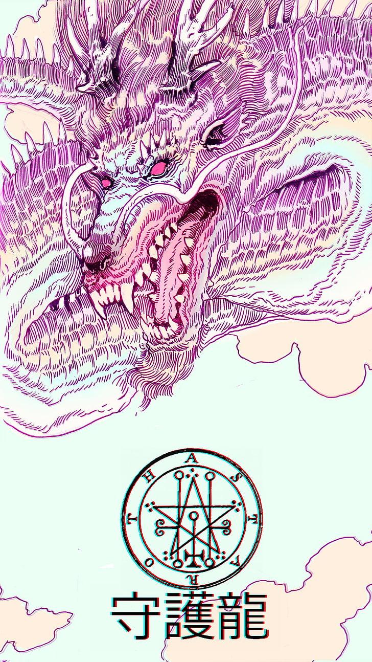 HD wallpaper: pink dragon illustration, vaporwave, Japan, kanji, no people
