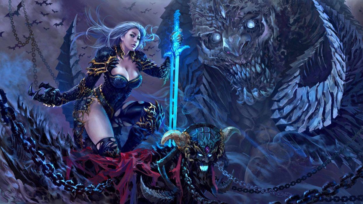 Women magic dark sword fantasy girl character beautiful long