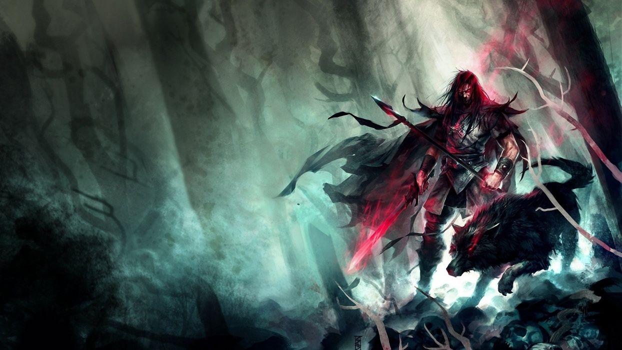 Wolf horror art wood man sword spear perzo wallpaper