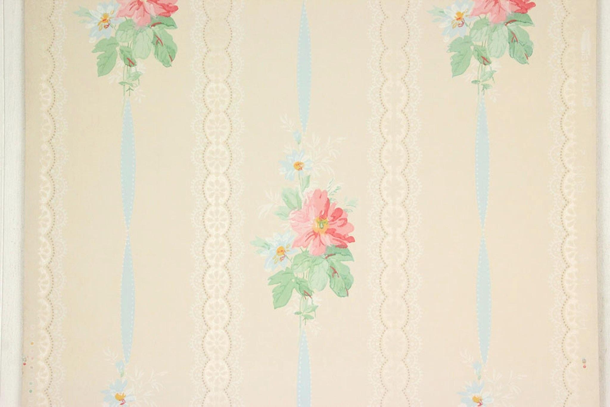 Vintage Wallpaper Pink Aesthetic Flowers Blue Ribbon