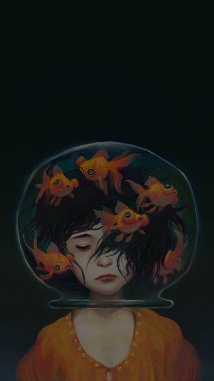 Surreal, girl's head in fish bowl, aquarium, 750x1334