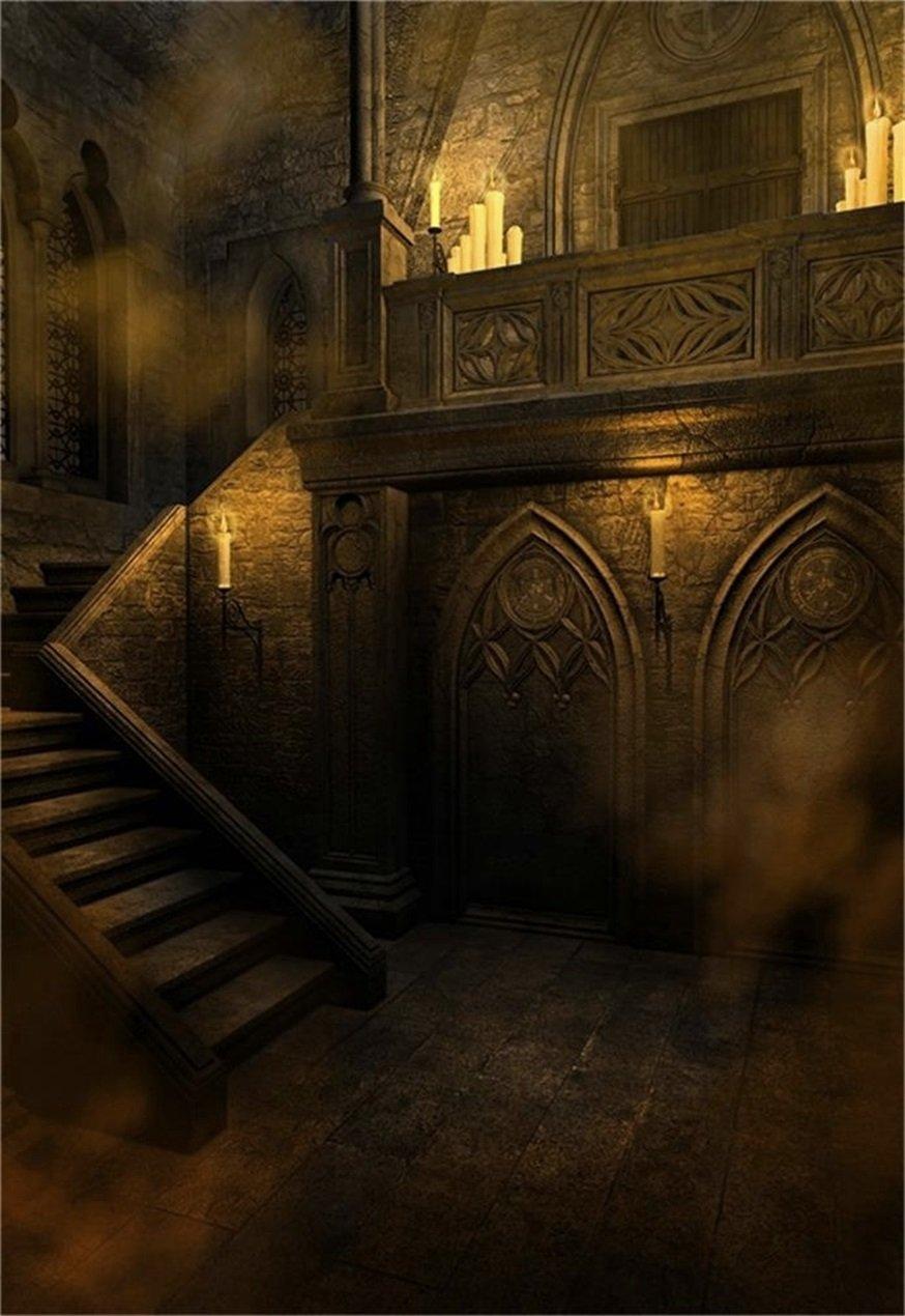 AOFOTO 6x8ft Gloomy Gothic Style Backdrop Scary Vintage Room Photography Background Stone Wall Stairs Candle Halloween Interior Photo Studio Props