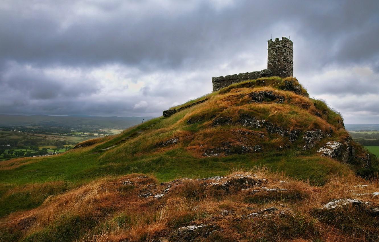Wallpaper autumn, grass, clouds, mountains, stones, castle