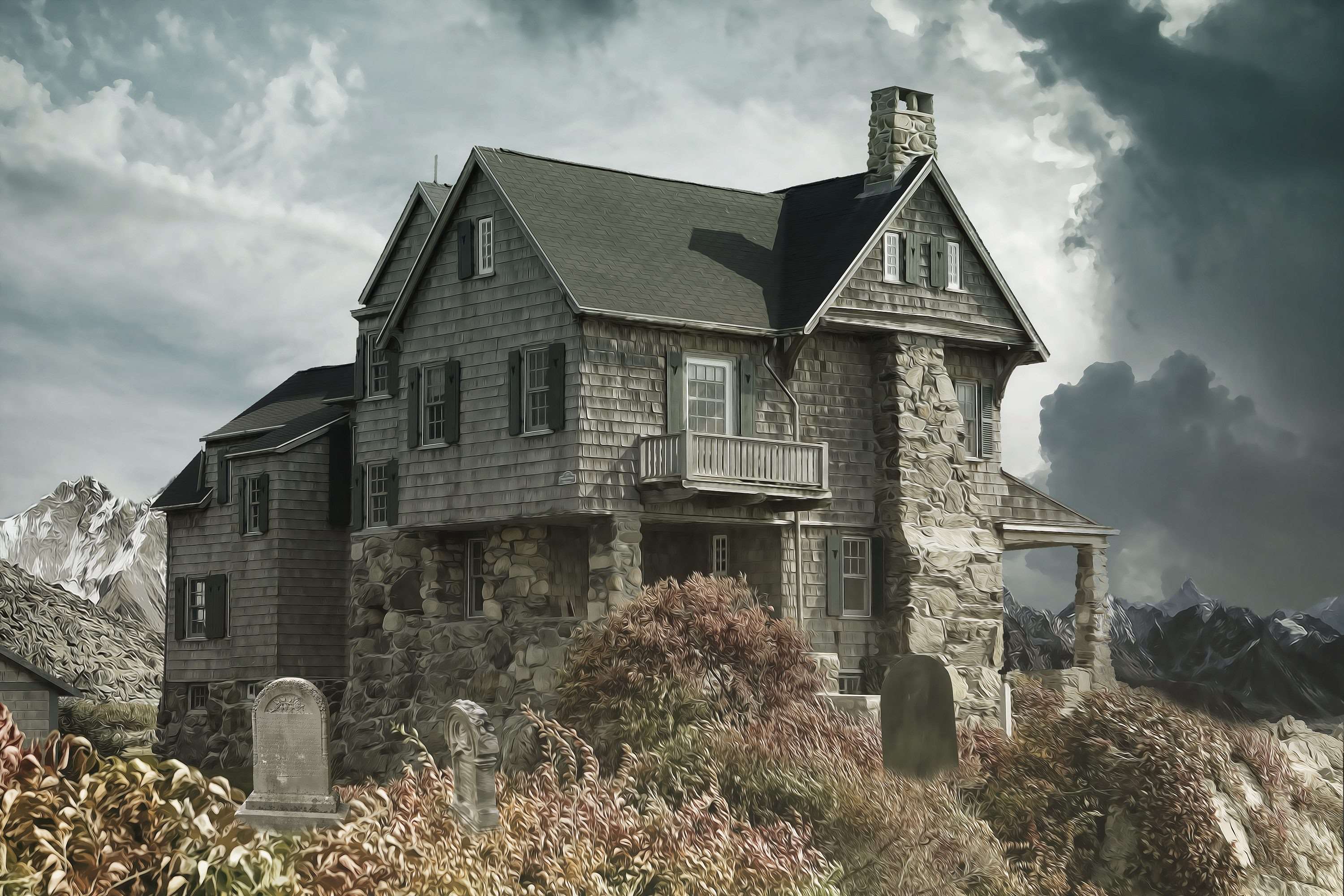abandoned, architecture, balcony, cemetery, dark