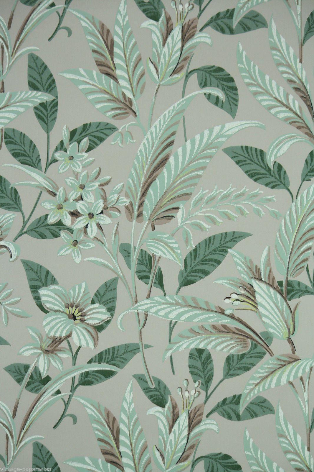 1950's Vintage Wallpaper Large Tropical Leaf green and brown