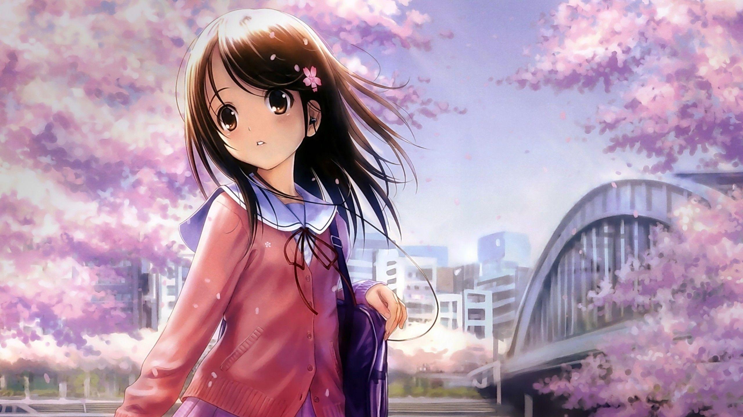 Purple School girl. Anime. Cute anime wallpaper